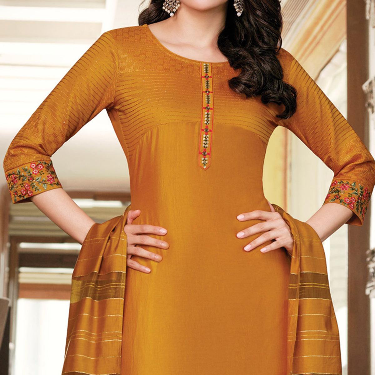 Mustard Yellow Partywear Heavy Embroidered Bemberg Silk Suit - Peachmode