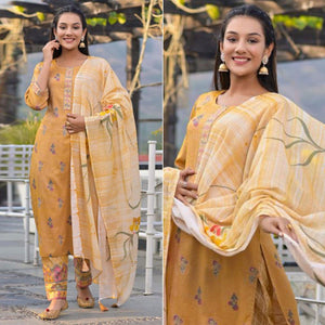 Mustard Yellow Partywear Sequence Embroidered Cotton Kurti Pant Set With Dupatta - Peachmode