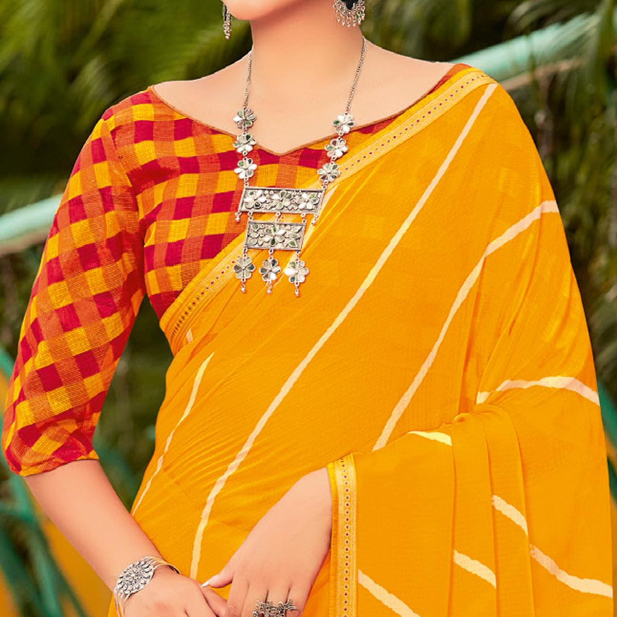 Mustard Yellow Partywear Stripes Printed Chiffon Saree With Border - Peachmode
