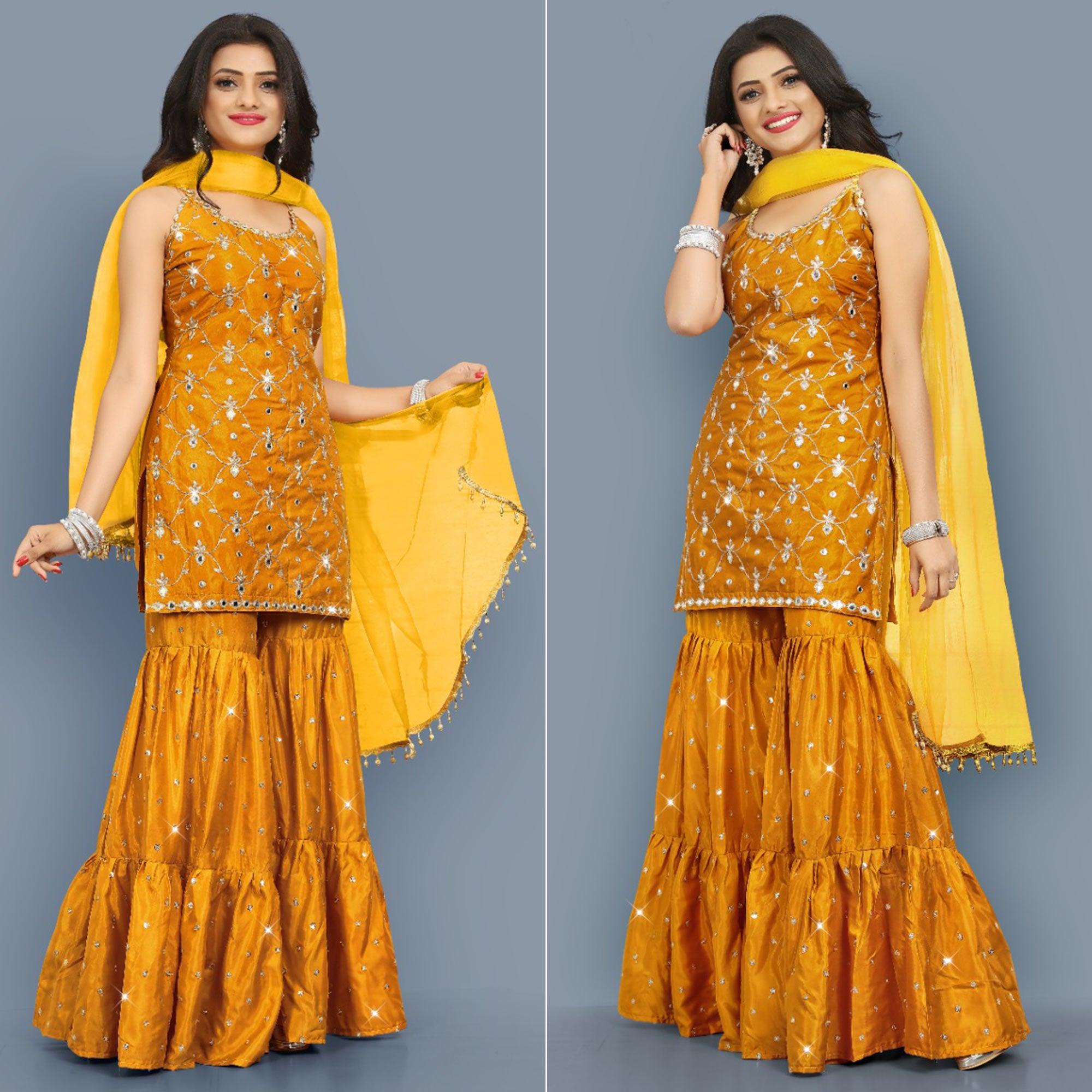 Mustard-Yellow Partywear Zari Embroidery With Mirror Silk Sharara Suit - Peachmode