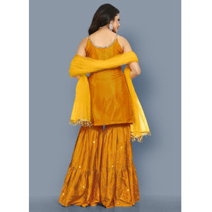 Mustard-Yellow Partywear Zari Embroidery With Mirror Silk Sharara Suit - Peachmode