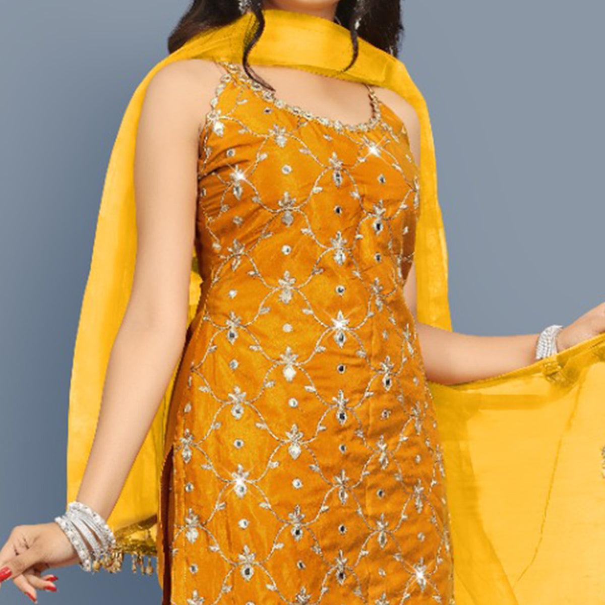 Mustard-Yellow Partywear Zari Embroidery With Mirror Silk Sharara Suit - Peachmode
