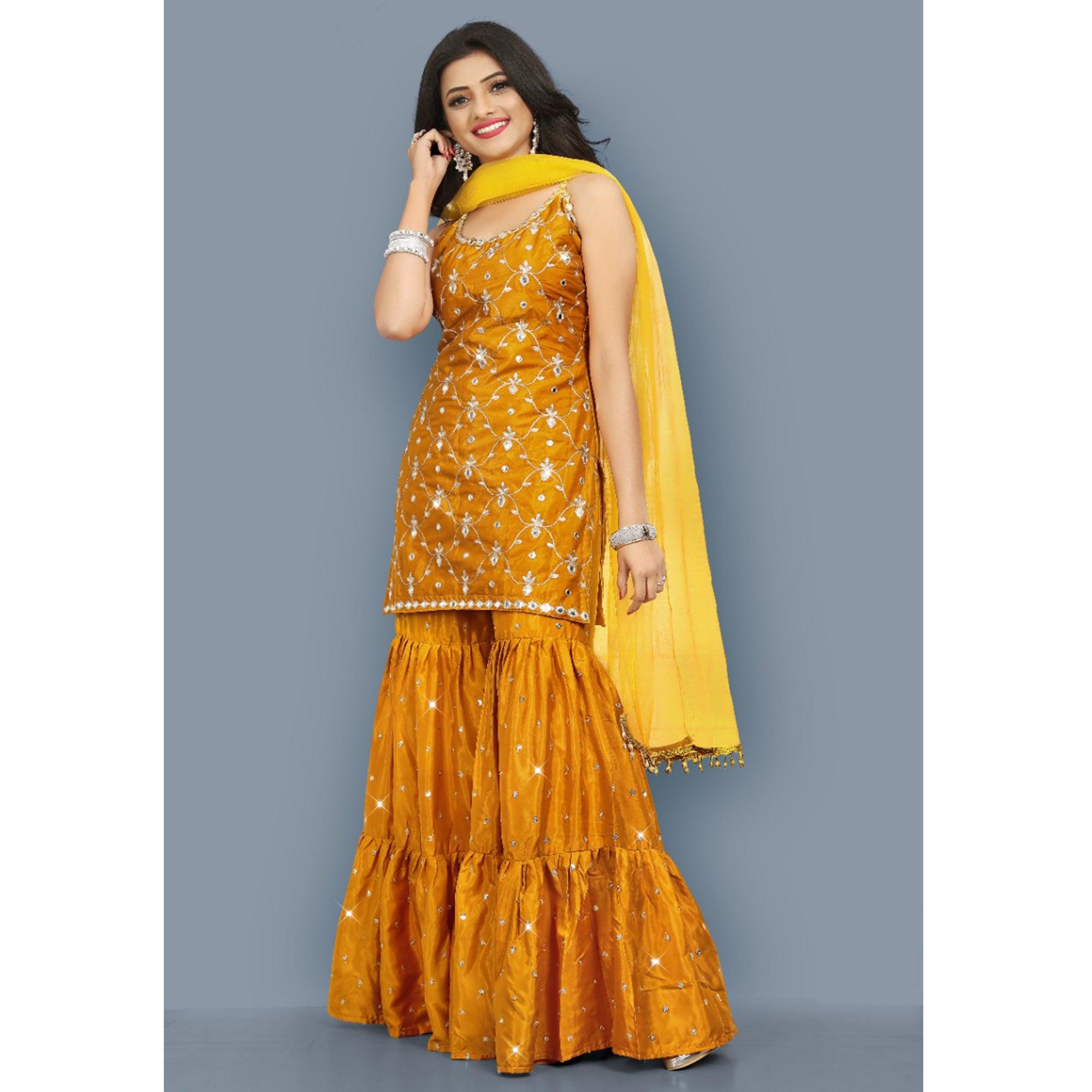 Mustard-Yellow Partywear Zari Embroidery With Mirror Silk Sharara Suit - Peachmode