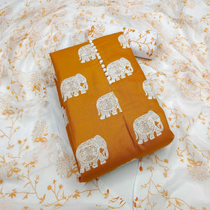 Mustard Yellow Printed Poly Cotton Dress Material - Peachmode