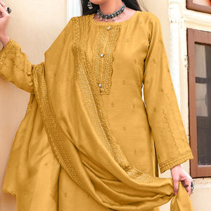 Mustard-Yellow Sequence Floral Embroidered Muslin Suit - Peachmode