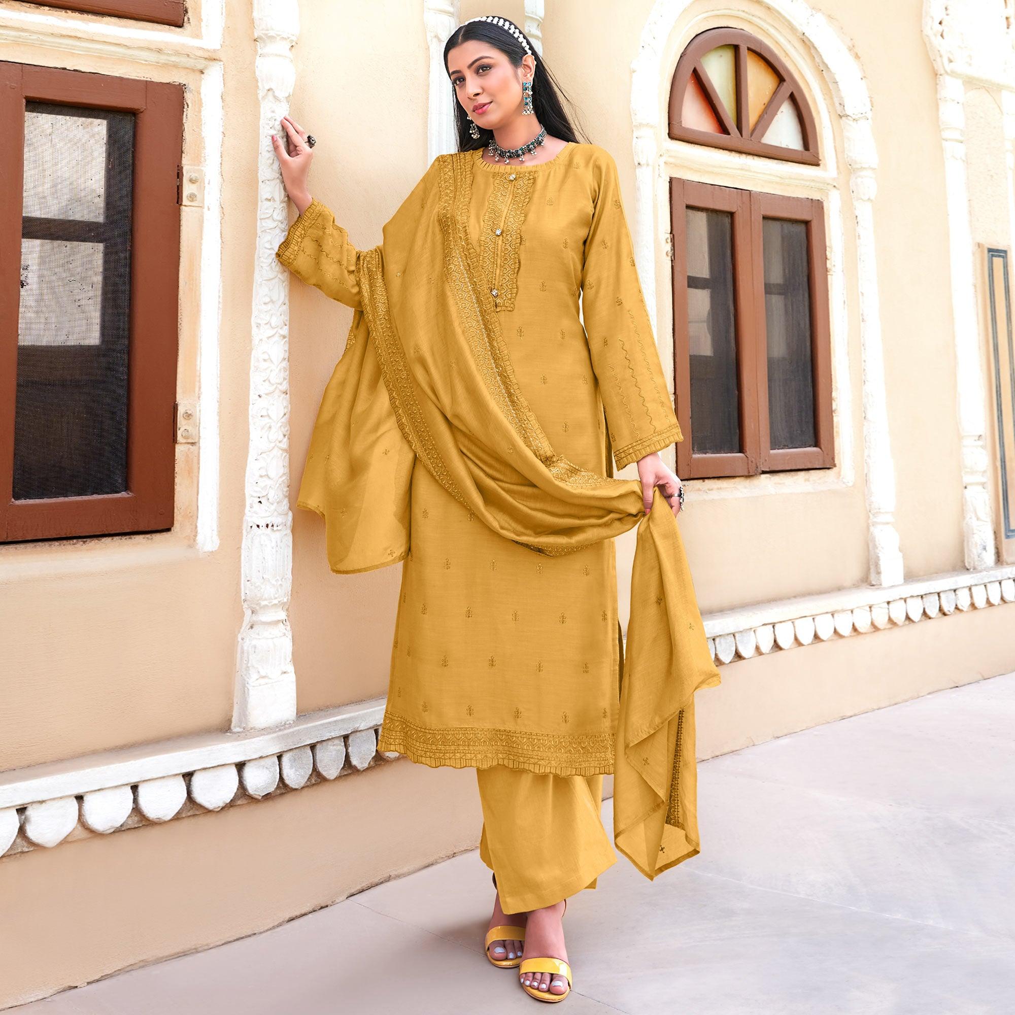 Mustard-Yellow Sequence Floral Embroidered Muslin Suit - Peachmode
