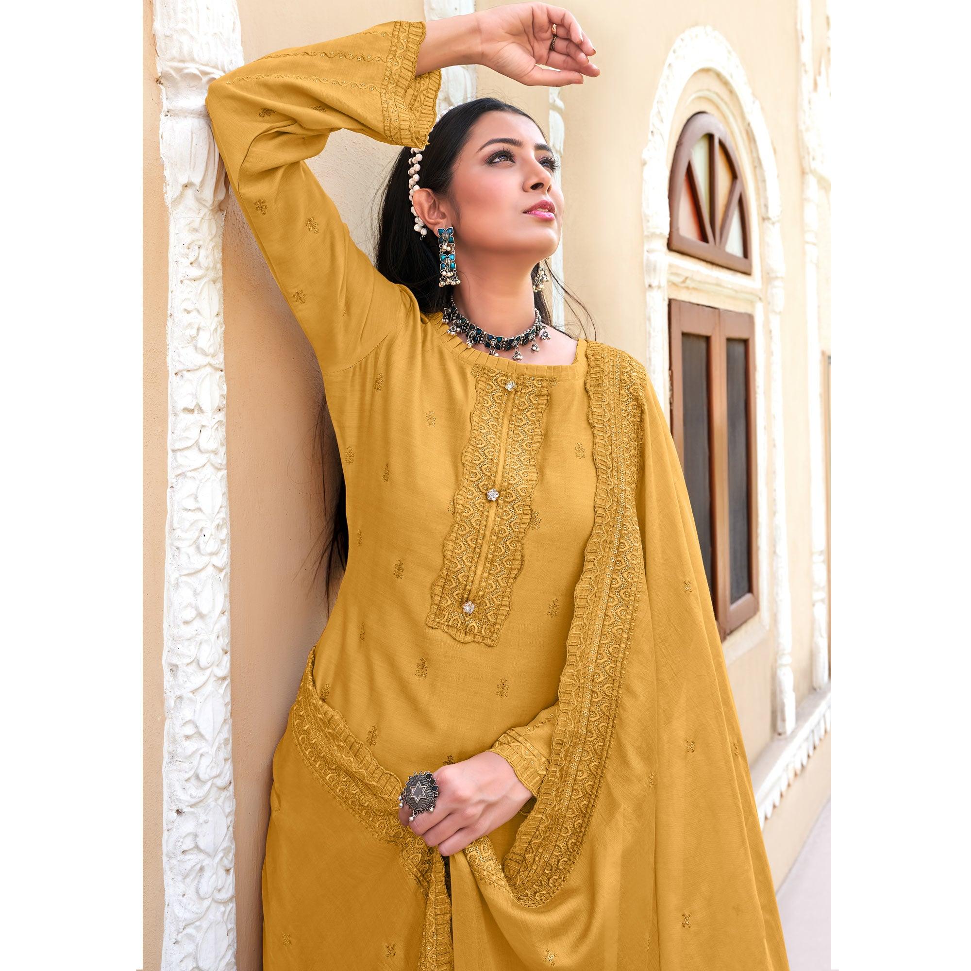 Mustard-Yellow Sequence Floral Embroidered Muslin Suit - Peachmode