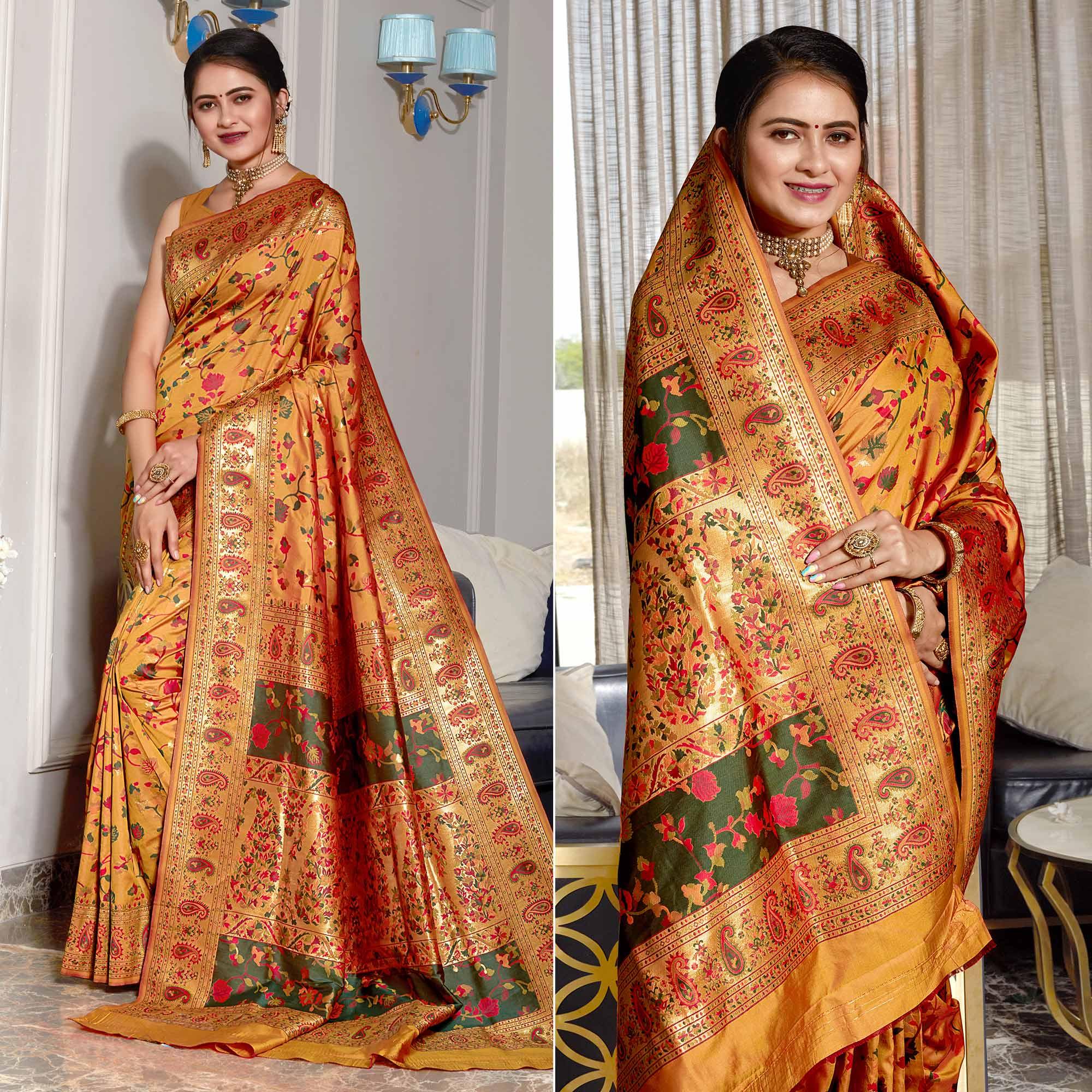 Mustard-Yellow Woven Banarasi Silk Saree - Peachmode