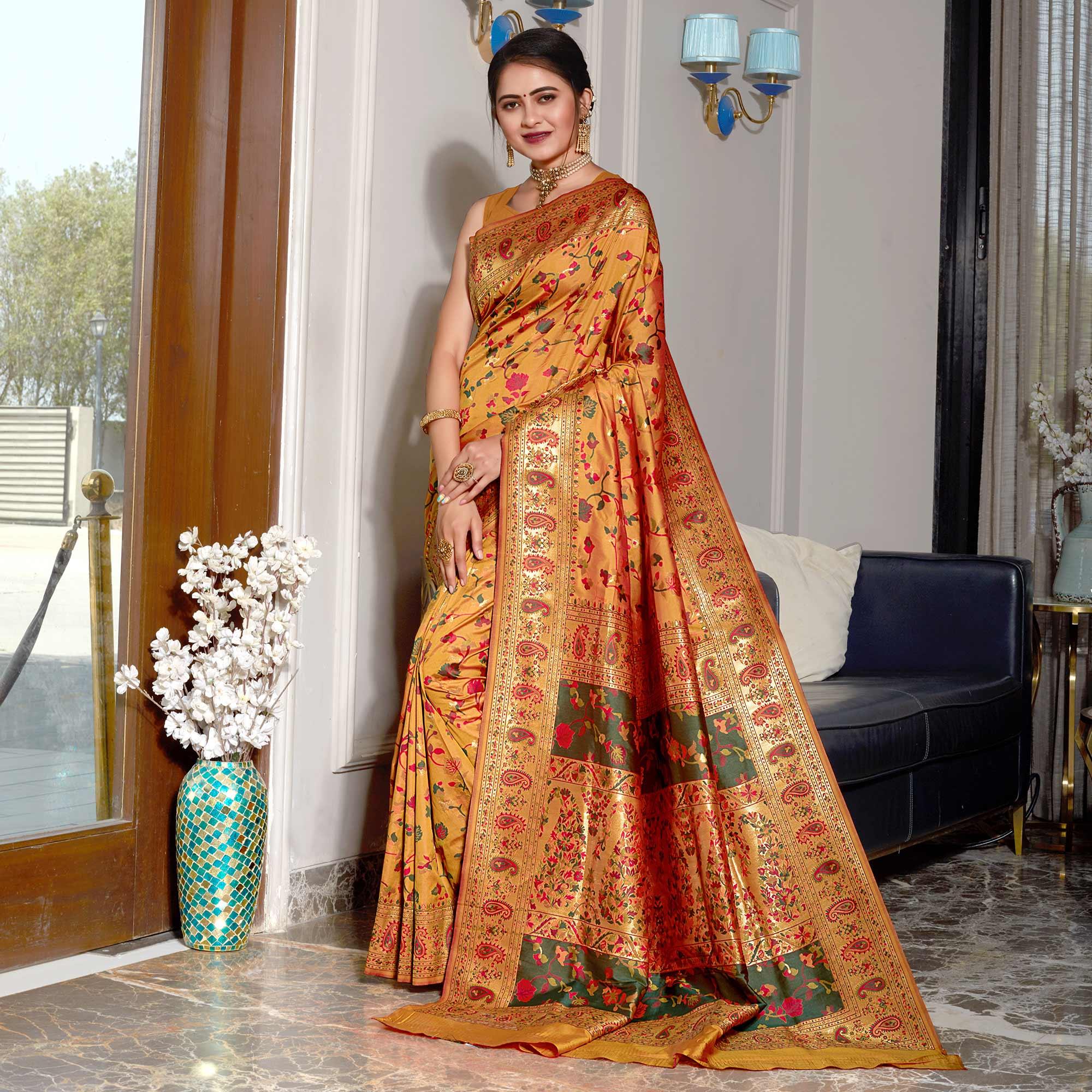 Mustard-Yellow Woven Banarasi Silk Saree - Peachmode