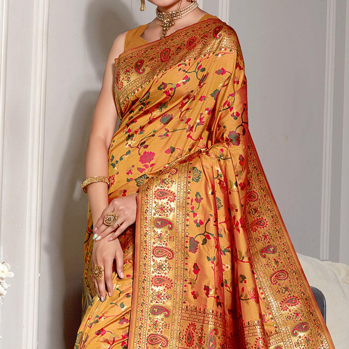 Mustard-Yellow Woven Banarasi Silk Saree - Peachmode