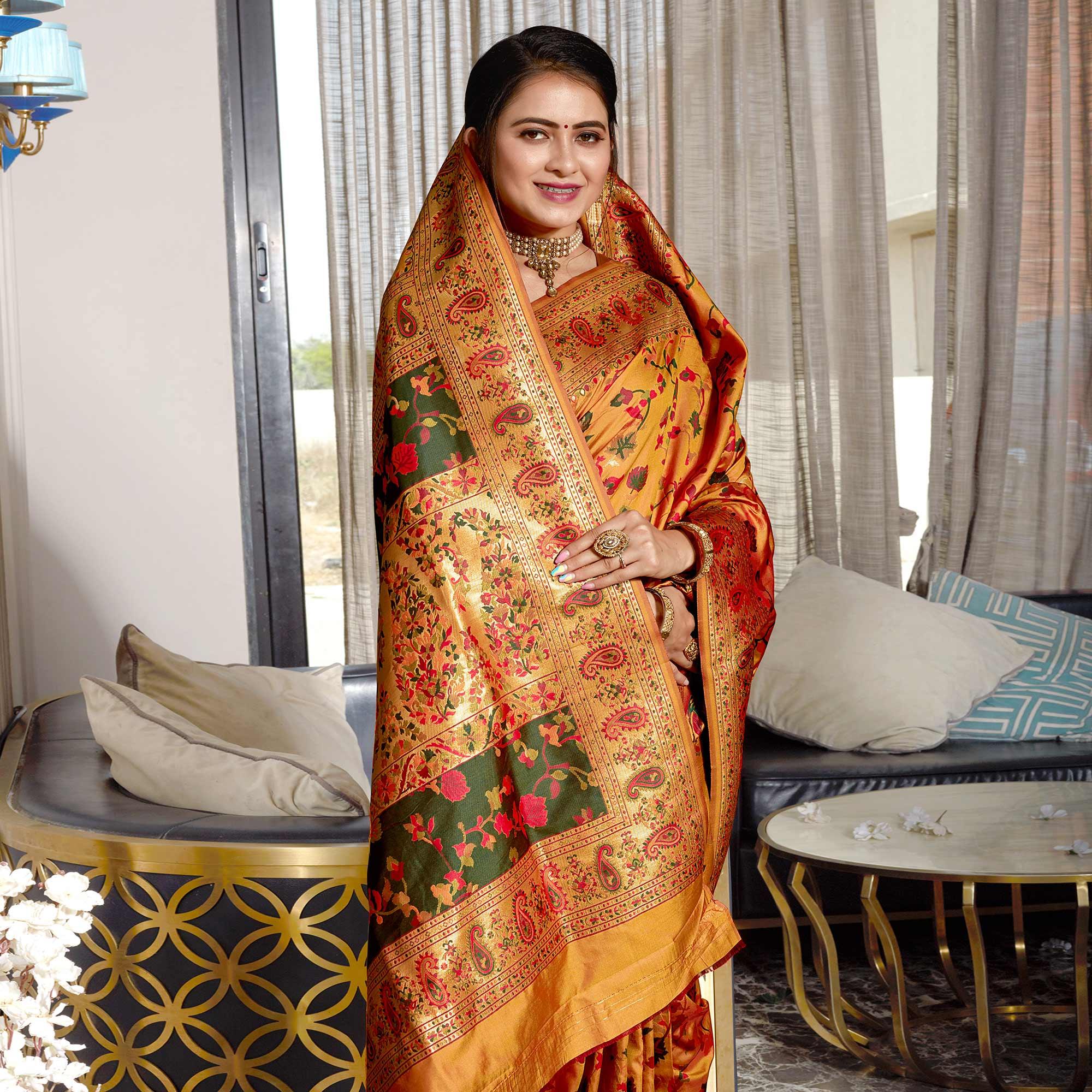 Mustard-Yellow Woven Banarasi Silk Saree - Peachmode