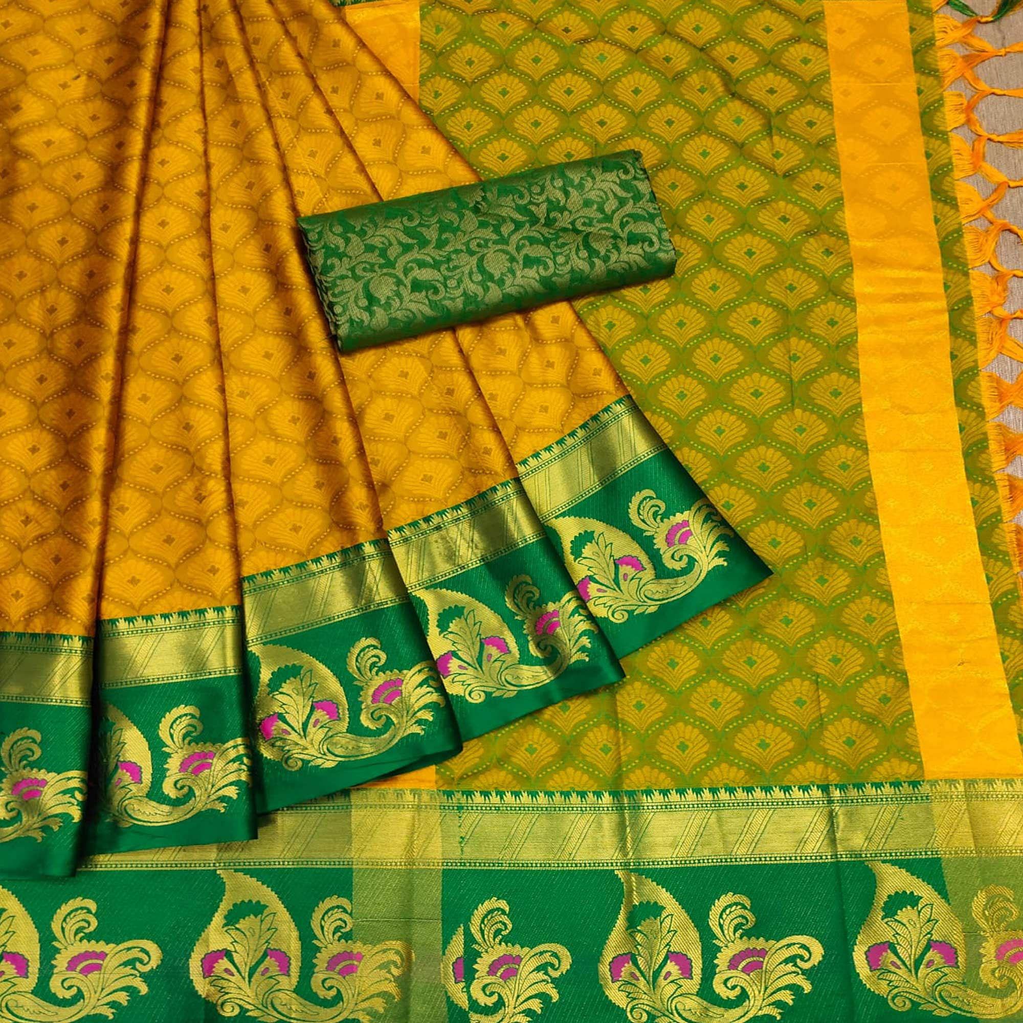 Mustard-Yellow Woven Cotton Silk Saree With Tassels - Peachmode