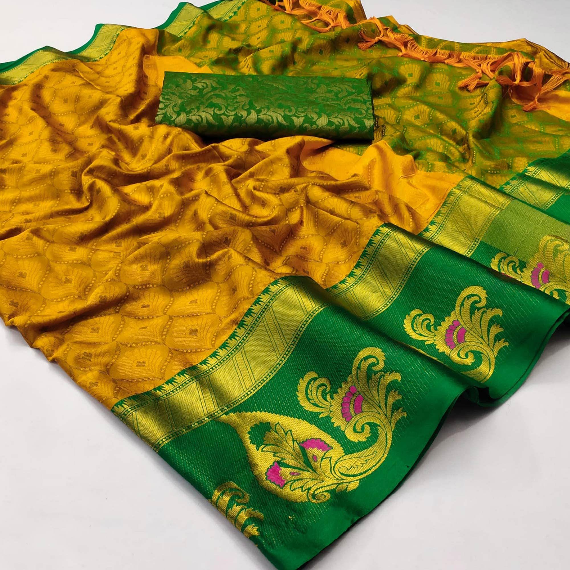 Mustard-Yellow Woven Cotton Silk Saree With Tassels - Peachmode
