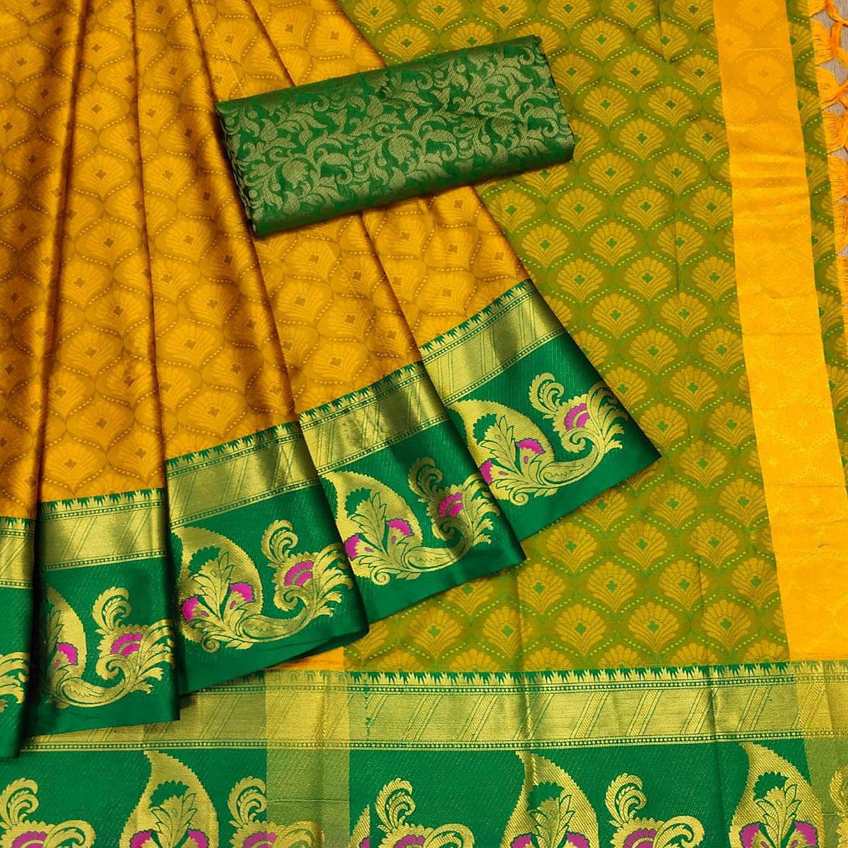 Mustard-Yellow Woven Cotton Silk Saree With Tassels - Peachmode