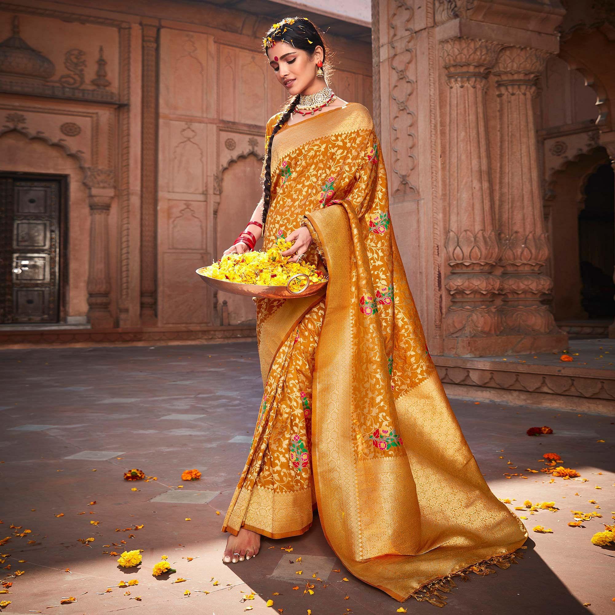 Mustard-Yellow Woven Dola Silk Saree - Peachmode