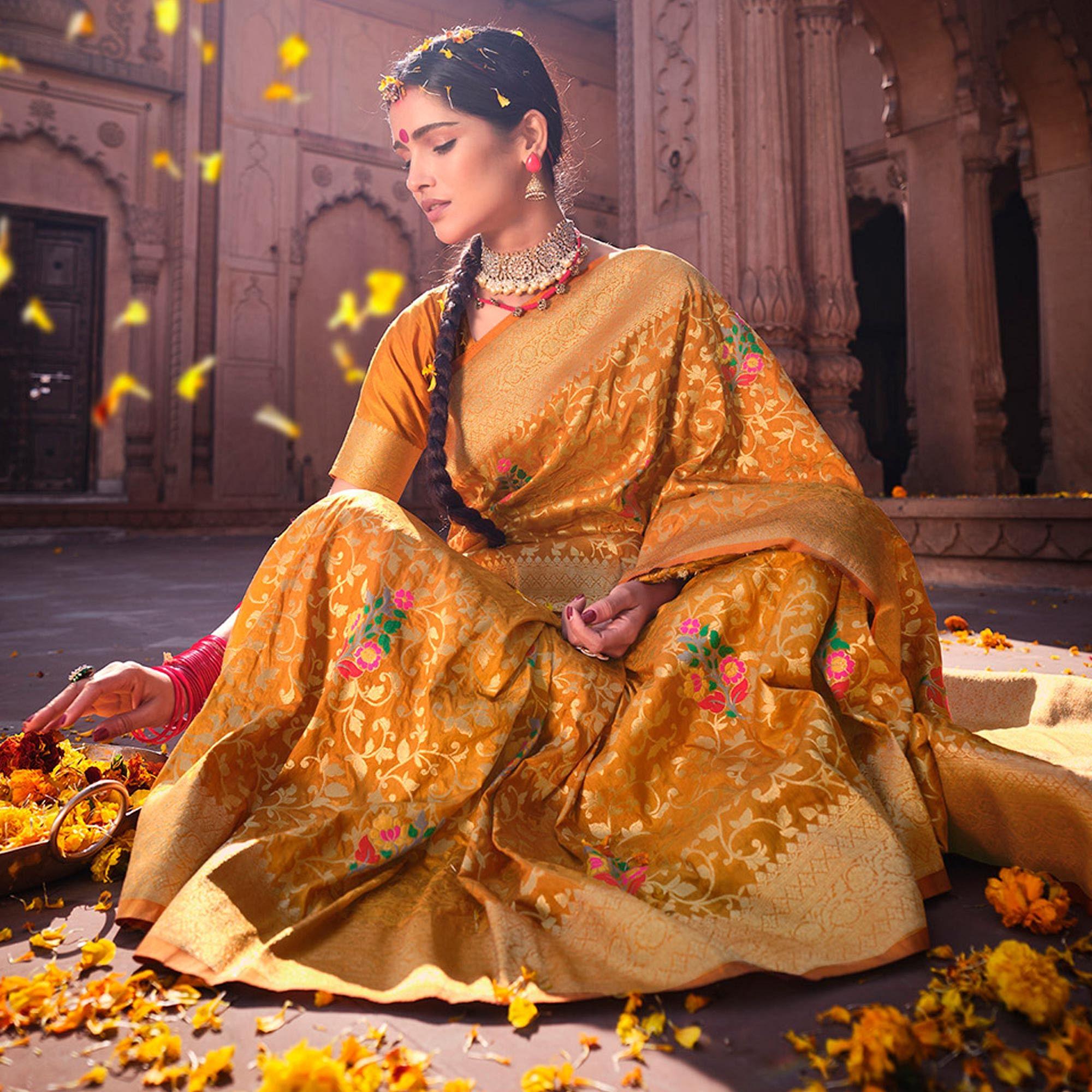 Mustard-Yellow Woven Dola Silk Saree - Peachmode