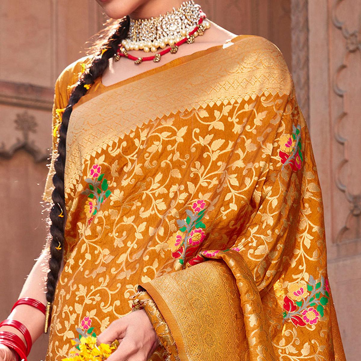 Mustard-Yellow Woven Dola Silk Saree - Peachmode