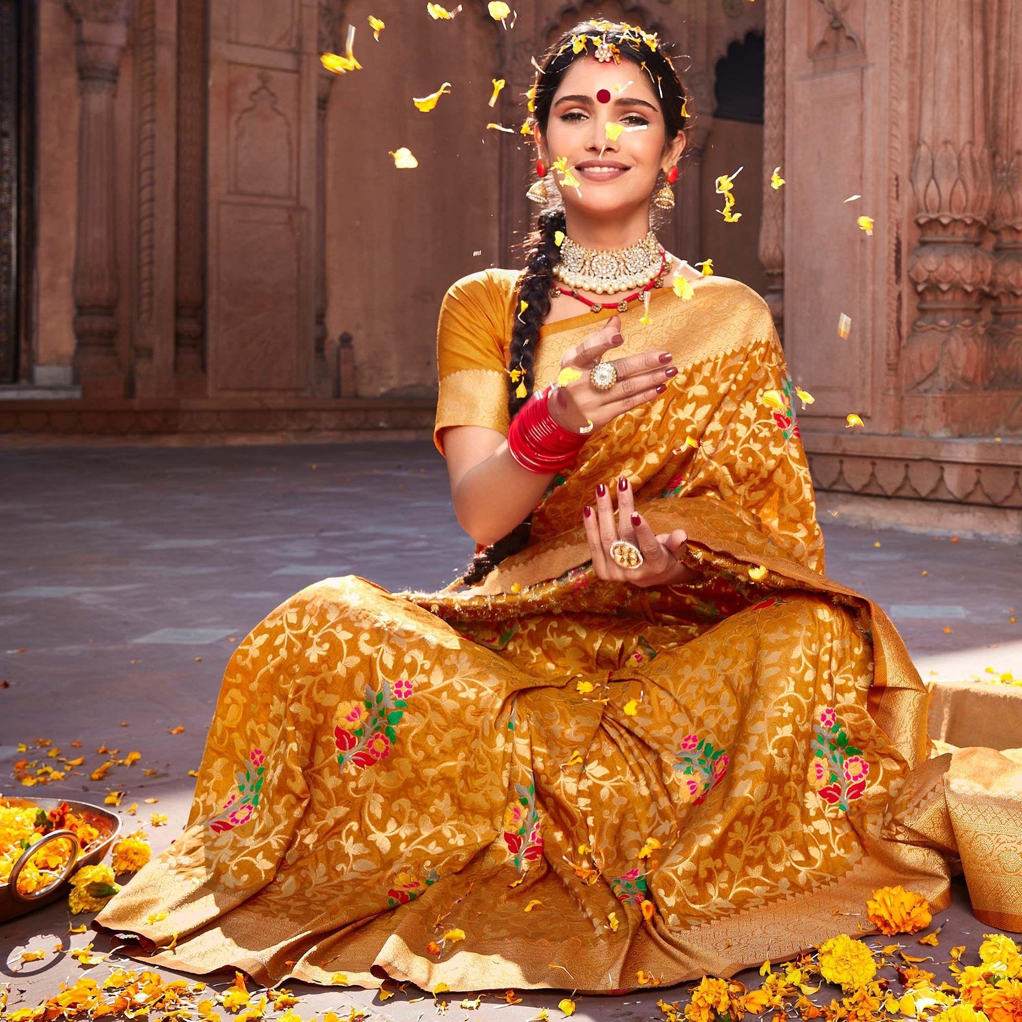 Mustard-Yellow Woven Dola Silk Saree - Peachmode