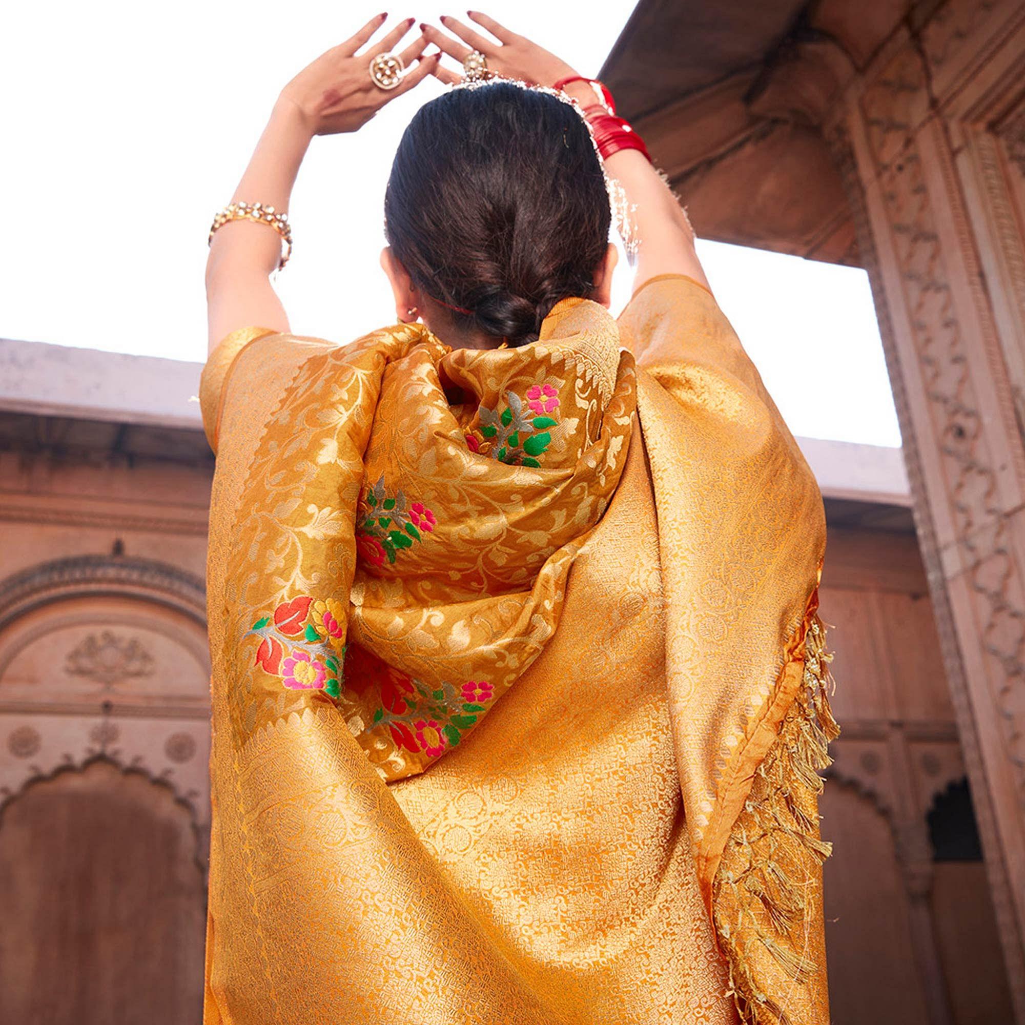 Mustard-Yellow Woven Dola Silk Saree - Peachmode
