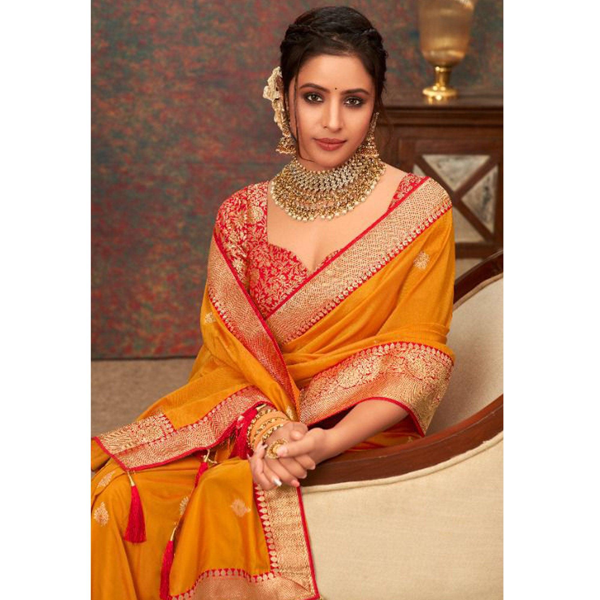 Mustard Yellow Woven Pure Silk Saree With Tassels - Peachmode