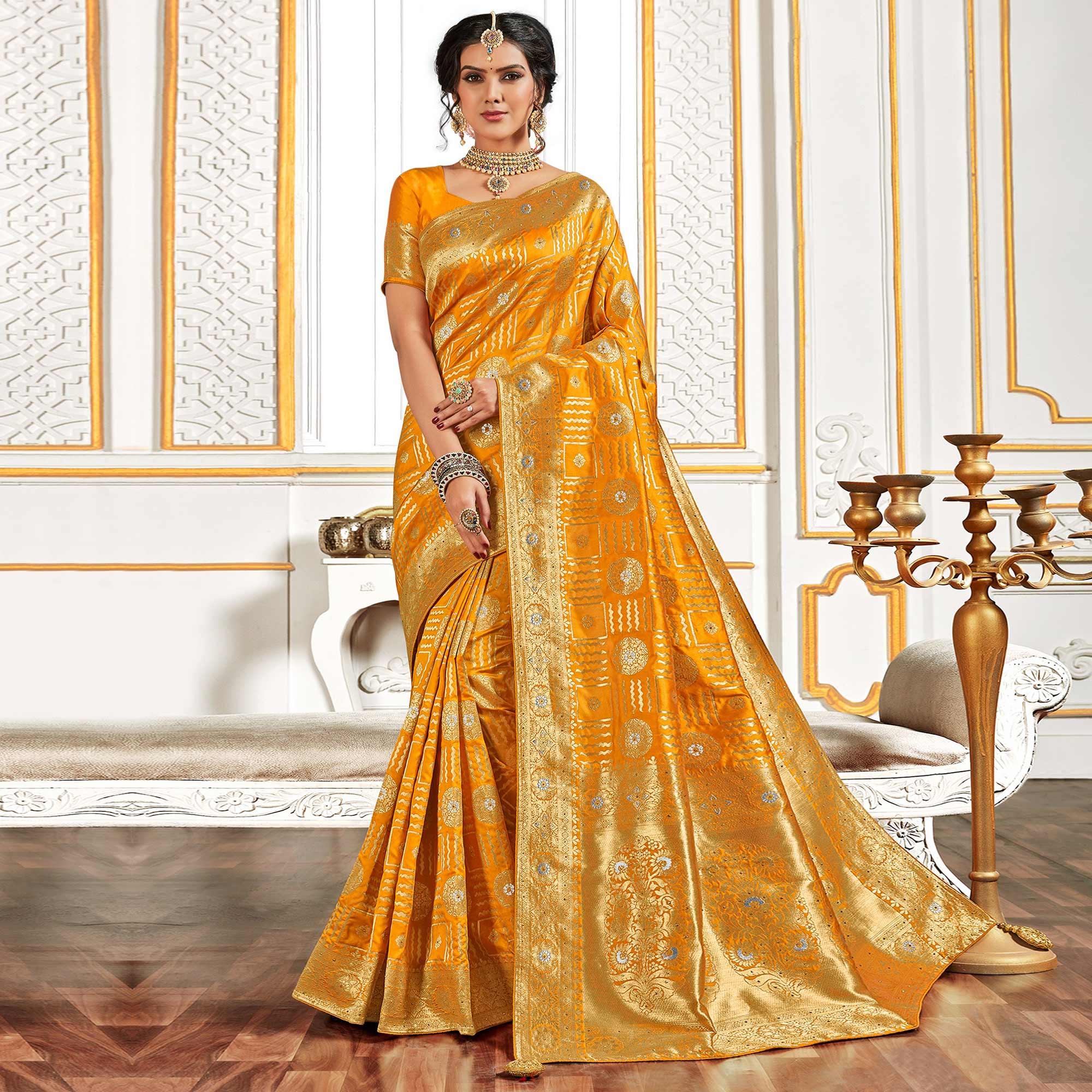 Mustard-Yellow Woven With Sequins Work Banarasi Silk Saree - Peachmode