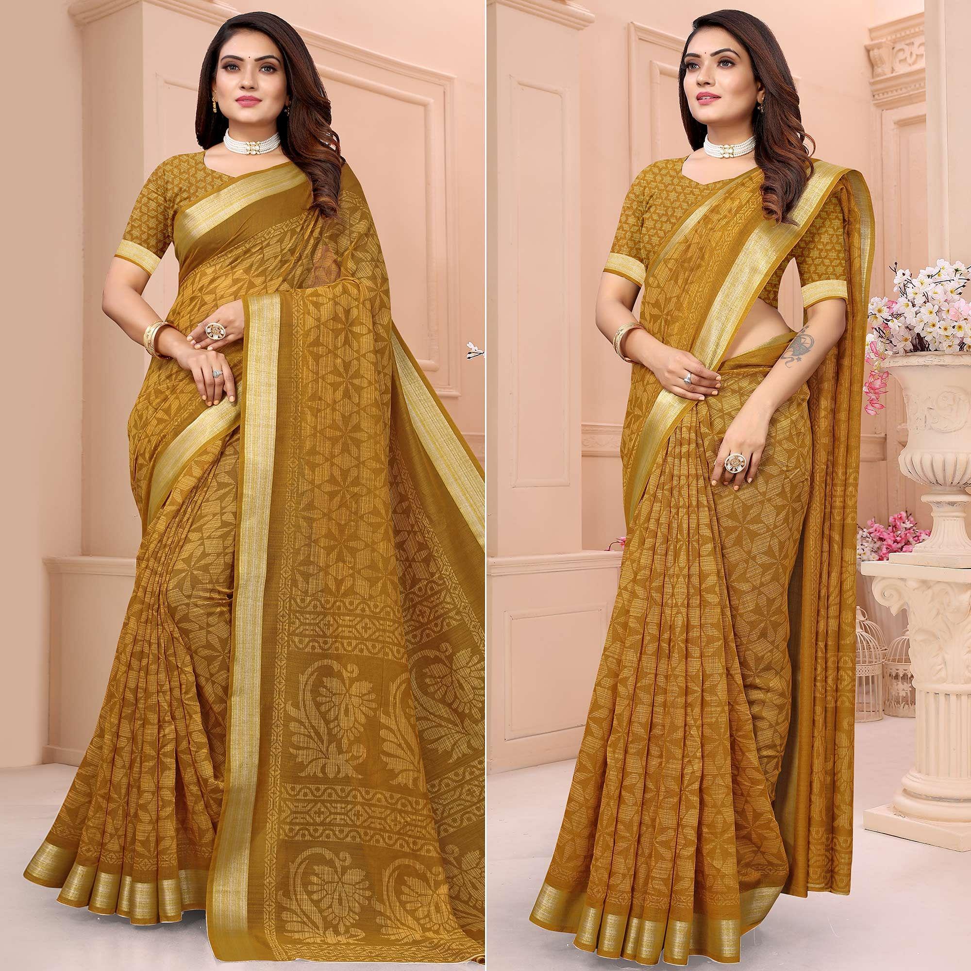 Mustrad Printed Linen Saree - Peachmode