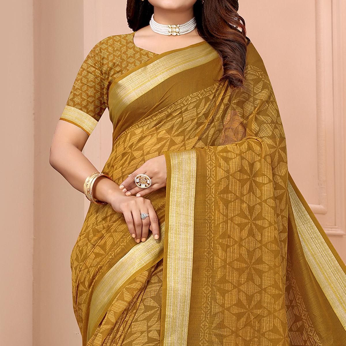 Mustrad Printed Linen Saree - Peachmode