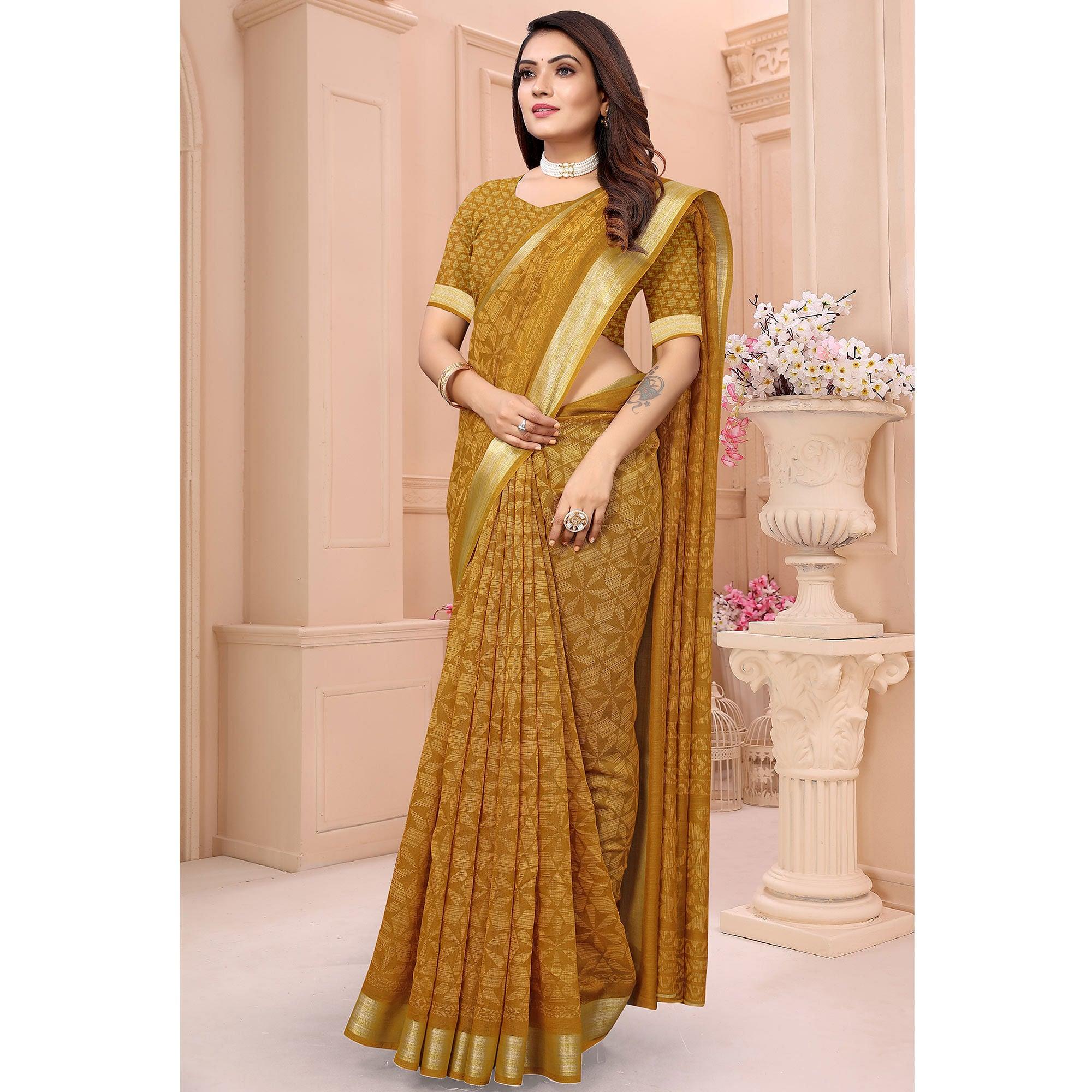 Mustrad Printed Linen Saree - Peachmode