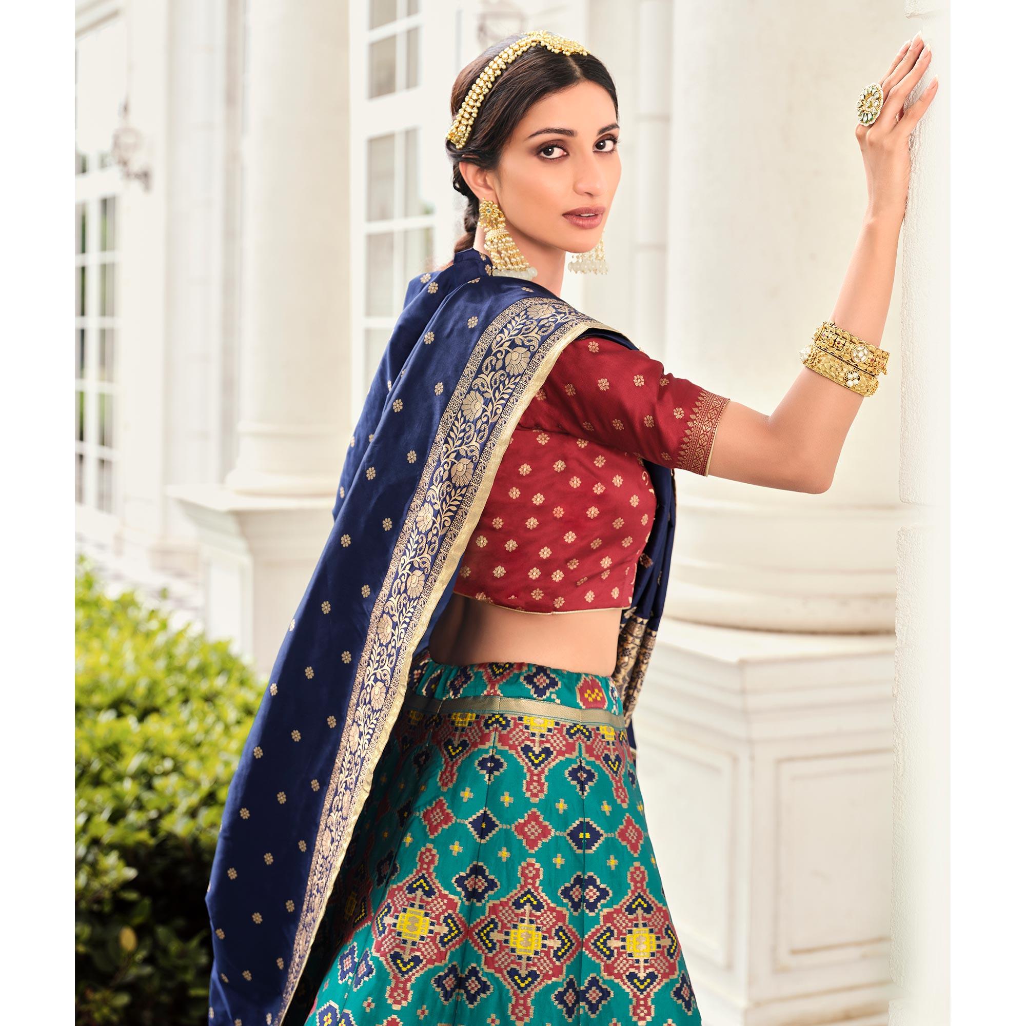 Nakkashi - Dark Green Festive Wear Banarasi Art Silk Lehenga Choli - Peachmode