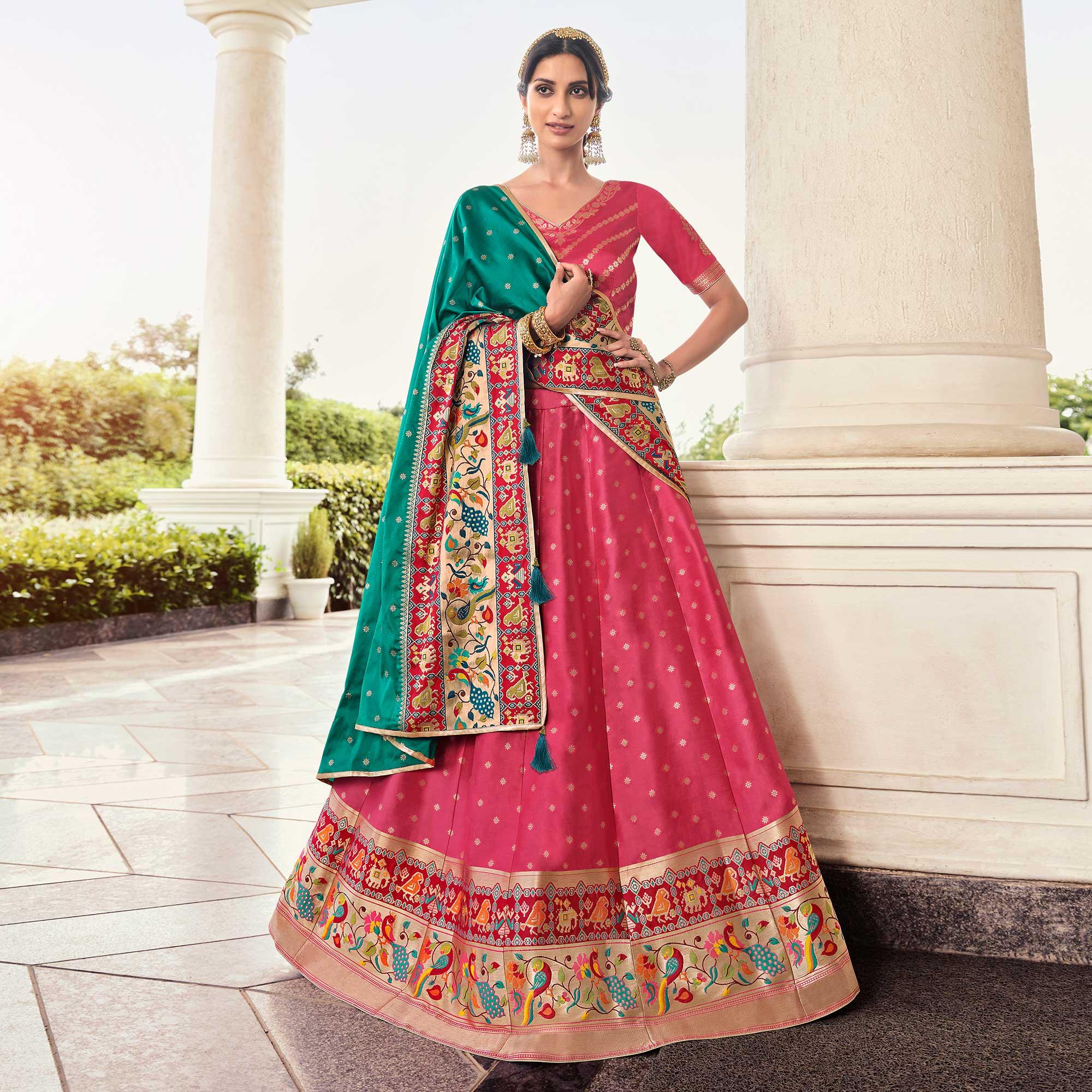 Nakkashi - Light Red Festive Wear Banarasi Art Silk Lehenga Choli - Peachmode