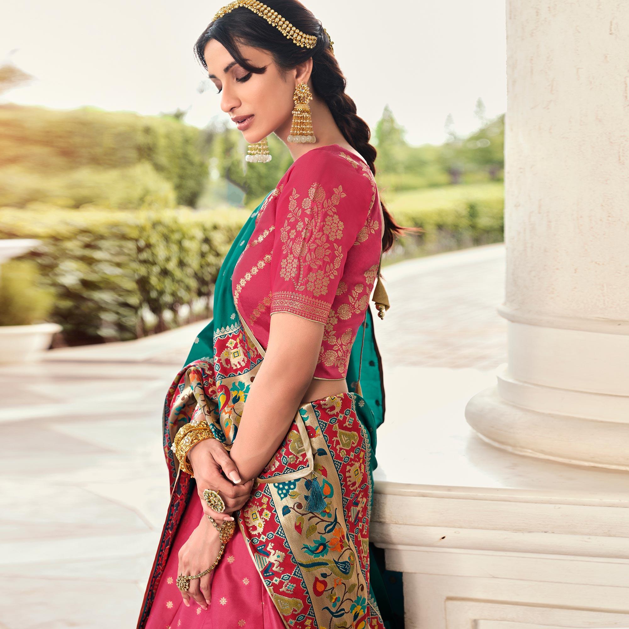 Nakkashi - Light Red Festive Wear Banarasi Art Silk Lehenga Choli - Peachmode