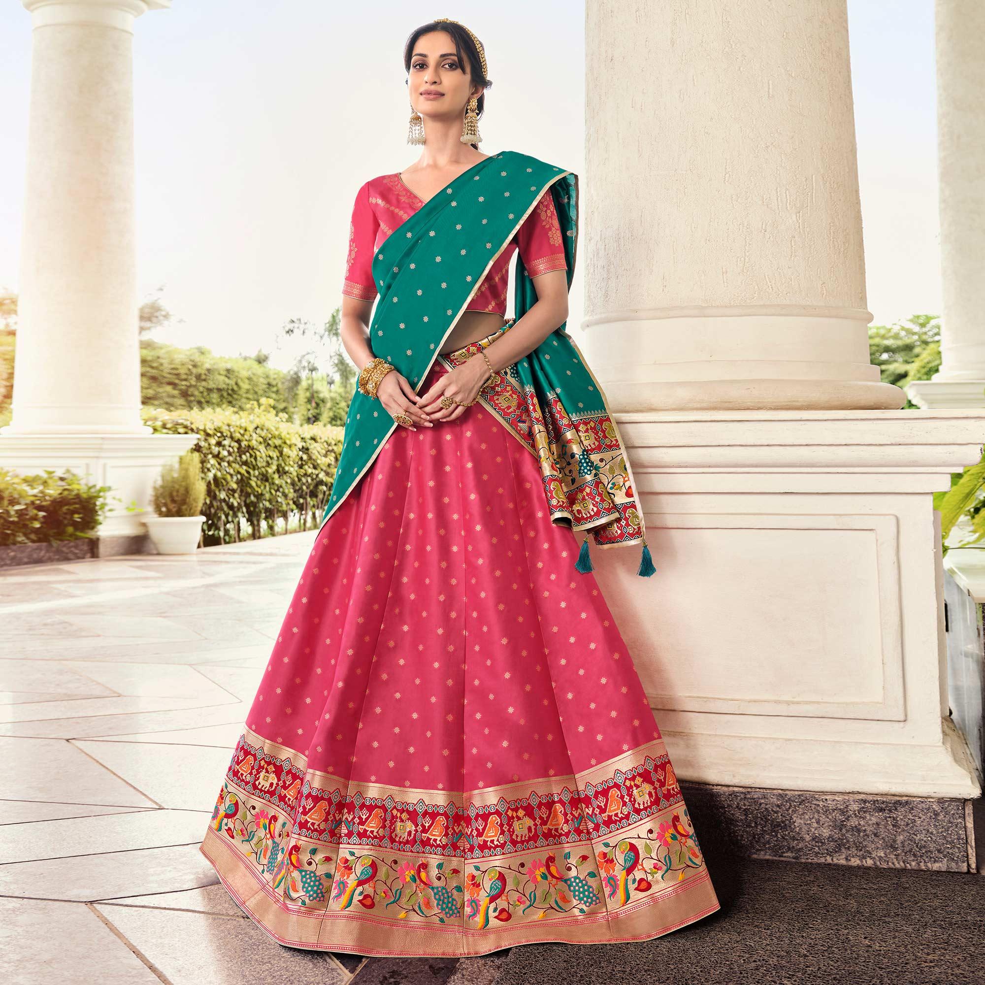 Nakkashi - Light Red Festive Wear Banarasi Art Silk Lehenga Choli - Peachmode