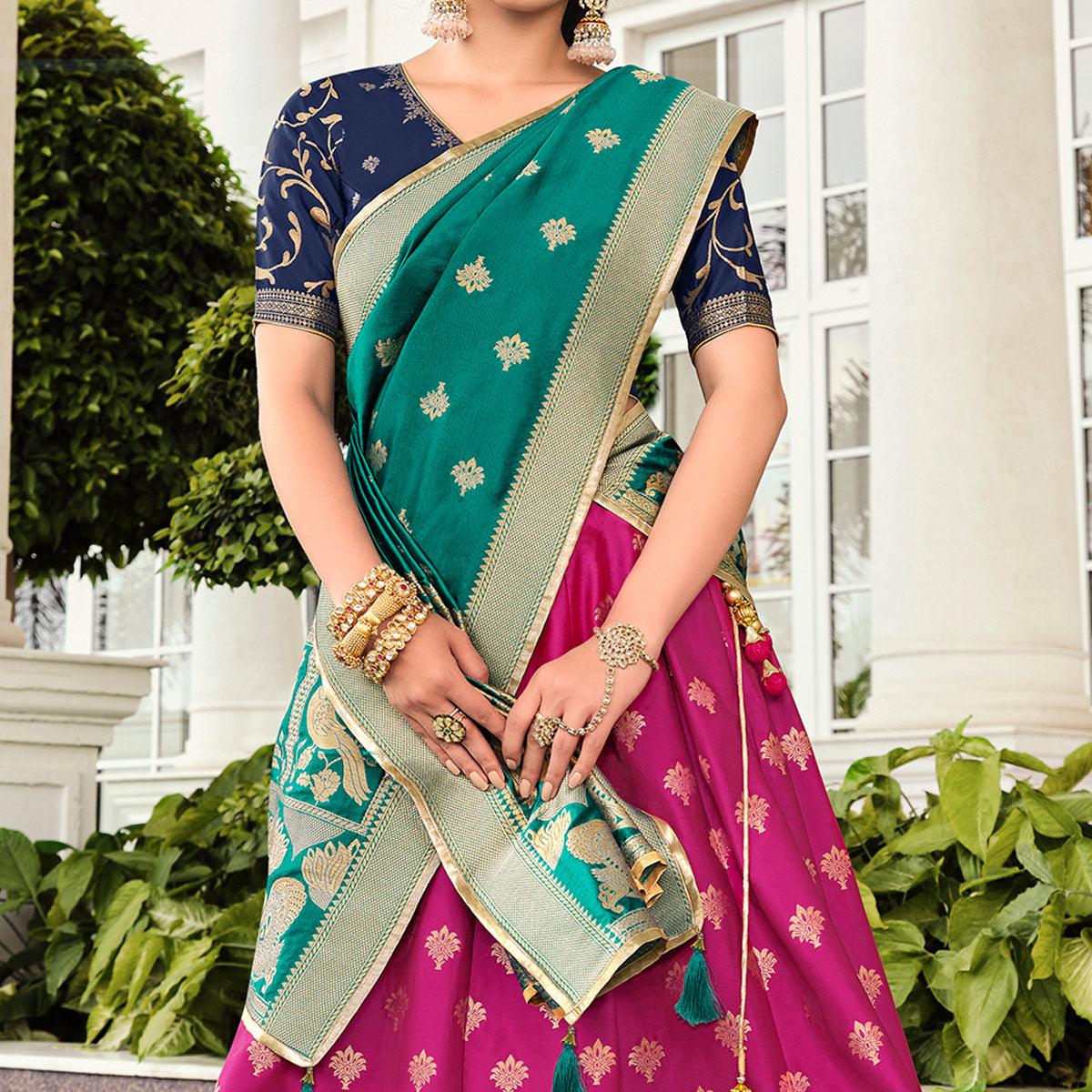 Nakkashi - Rani Pink Festive Wear Banarasi Art Silk Lehenga Choli - Peachmode