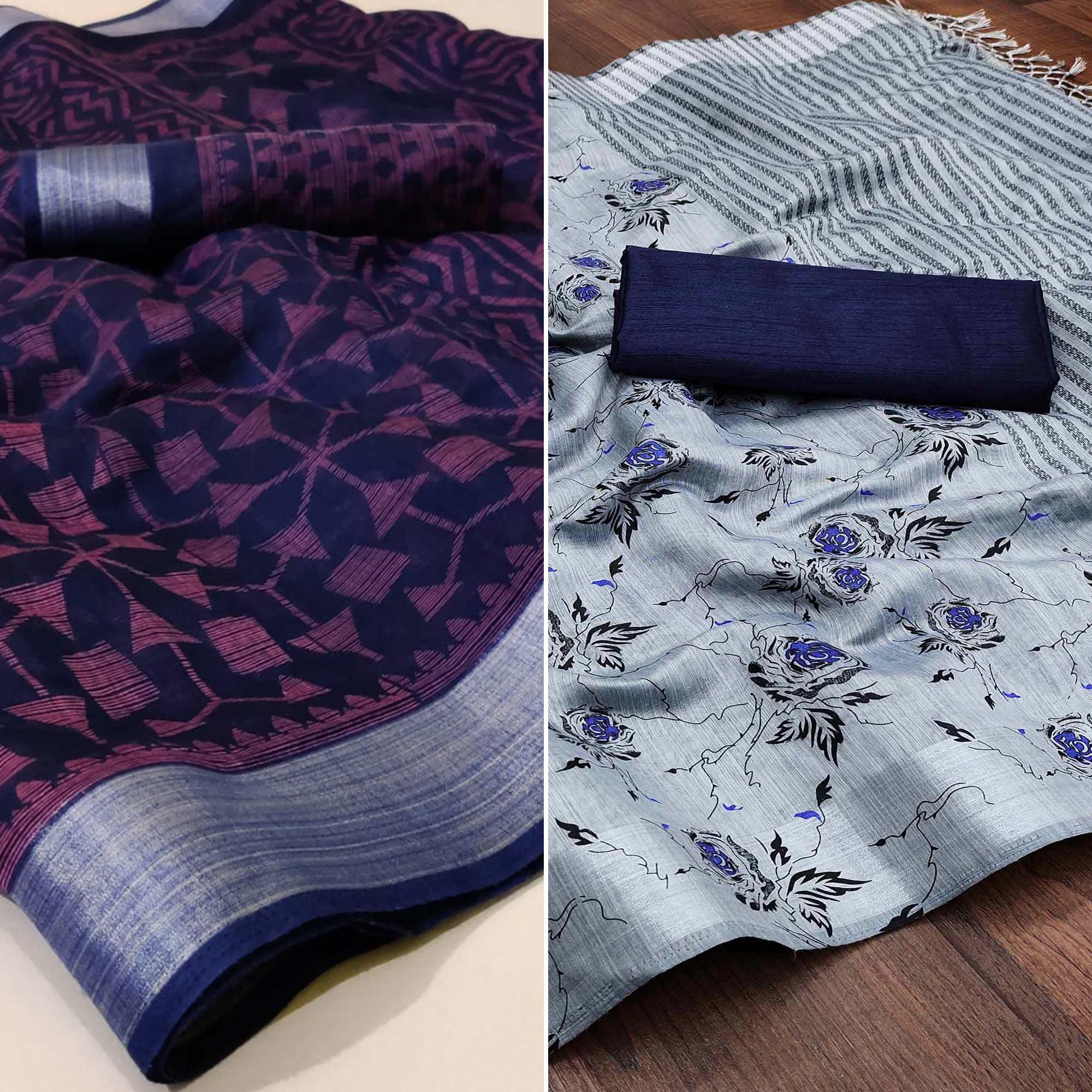 Navy Blue And Grey Saree - Pack Of 2 - Peachmode