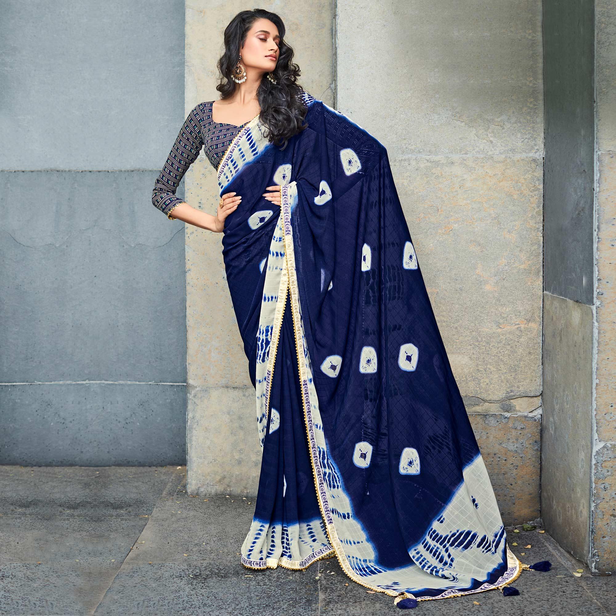 Navy Blue & Off White Printed With Gota Patti Border Georgette Saree - Peachmode