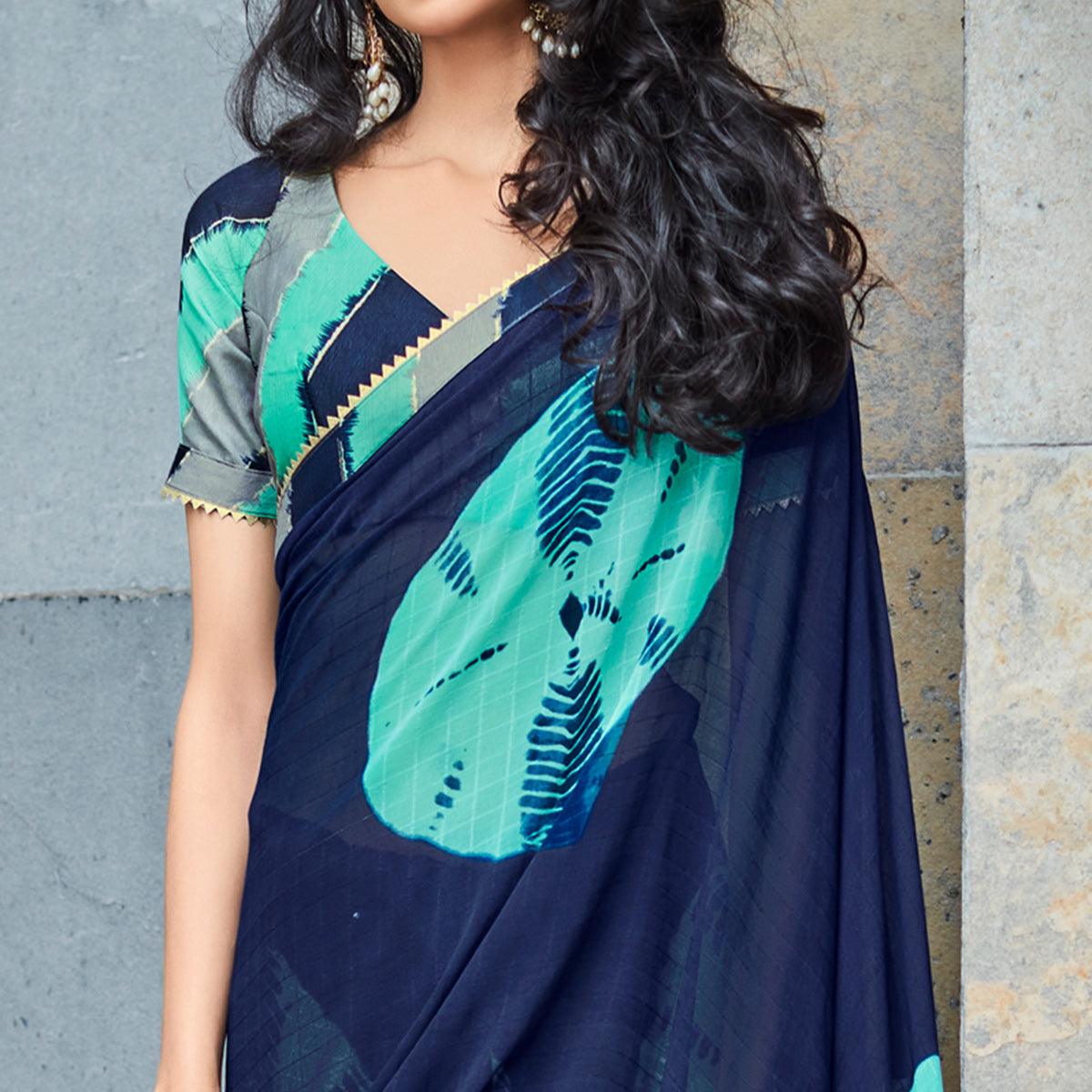 Navy Blue & Turquoise Printed With Gota Patti Border Georgette Saree - Peachmode