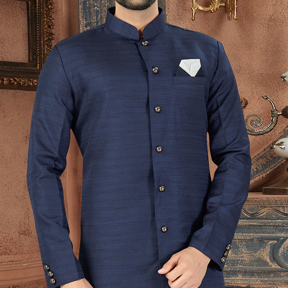 Navy Blue Art Silk Men's Kurta Pyjama Set - Peachmode