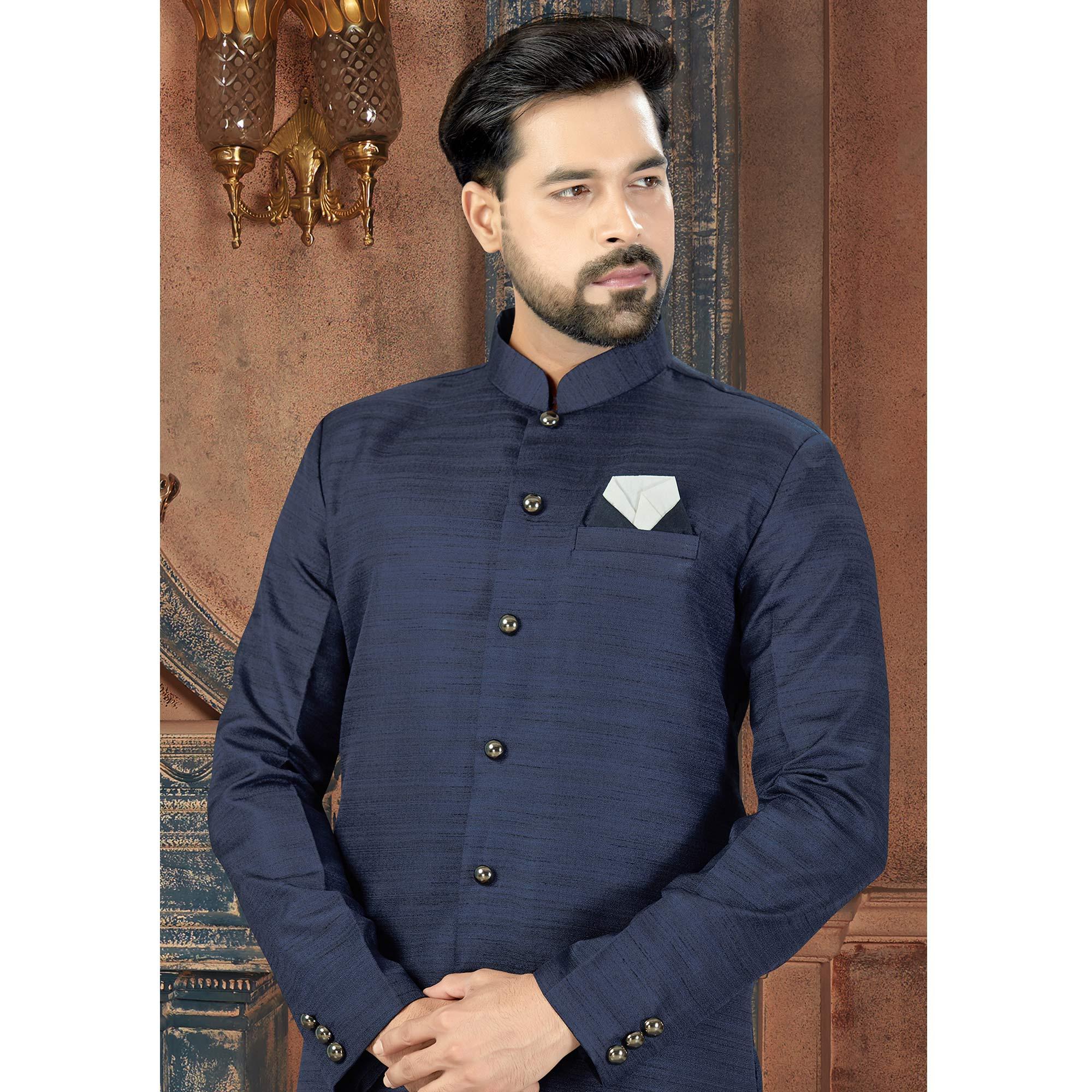 Navy Blue Art Silk Men's Kurta Pyjama Set - Peachmode