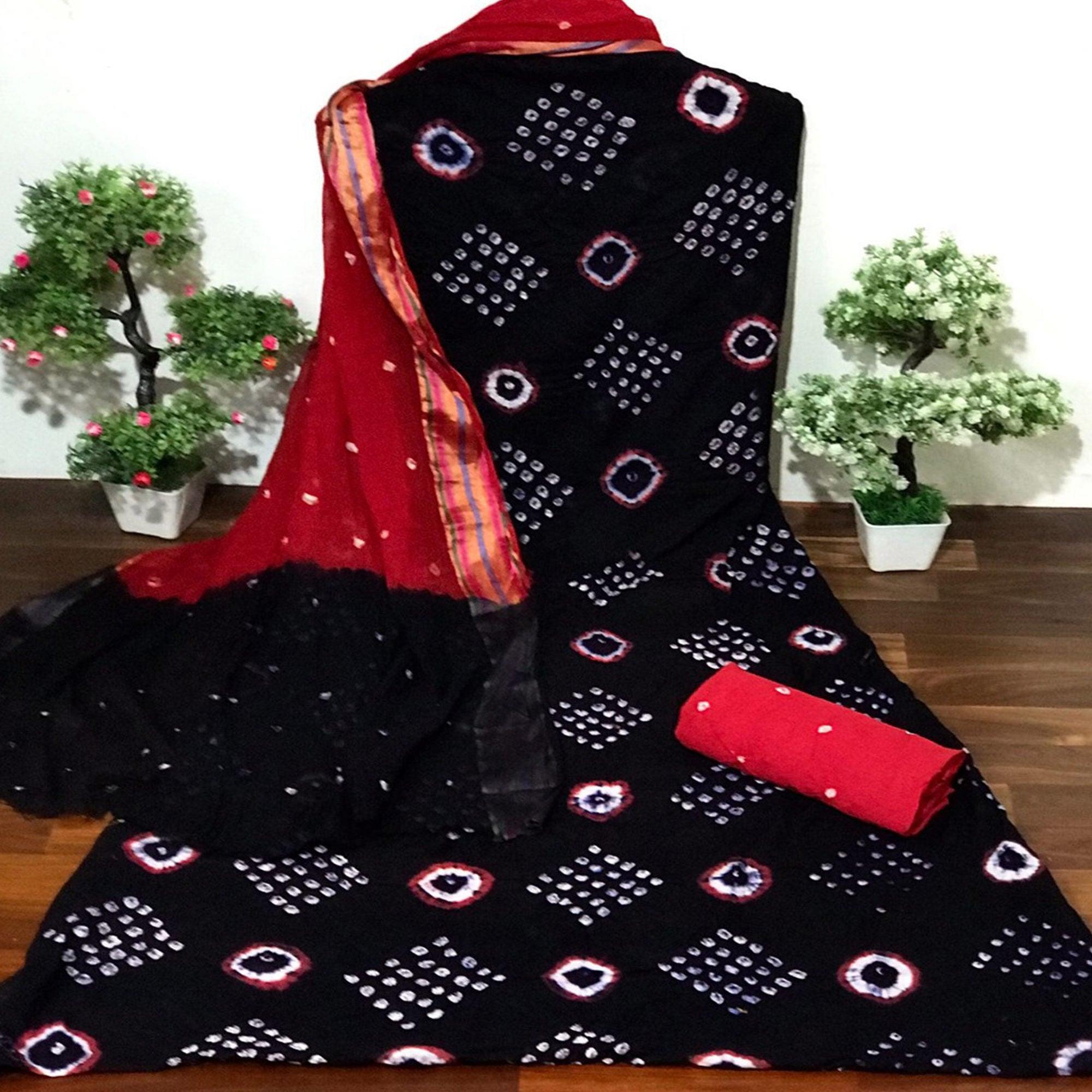 Navy Blue Bandhani Printed Cotton Dress Material - Peachmode