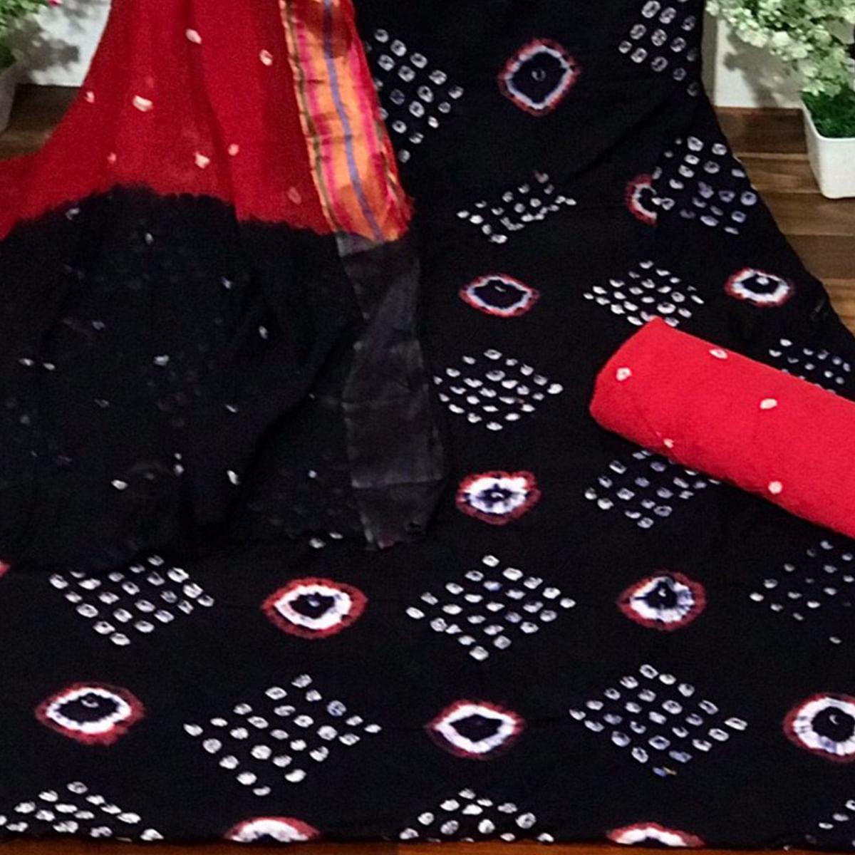 Navy Blue Bandhani Printed Cotton Dress Material - Peachmode