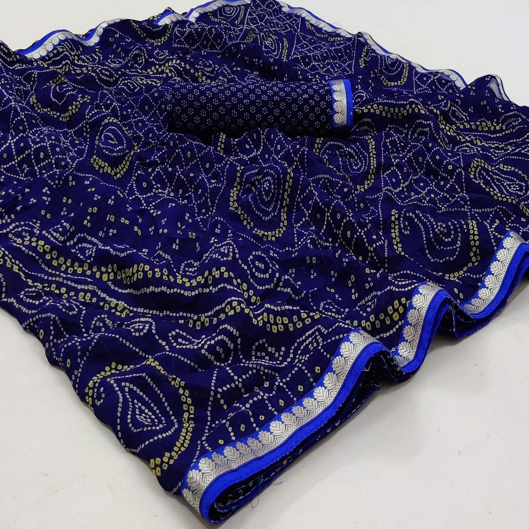 Navy Blue Bandhani Printed Georgette Saree - Peachmode