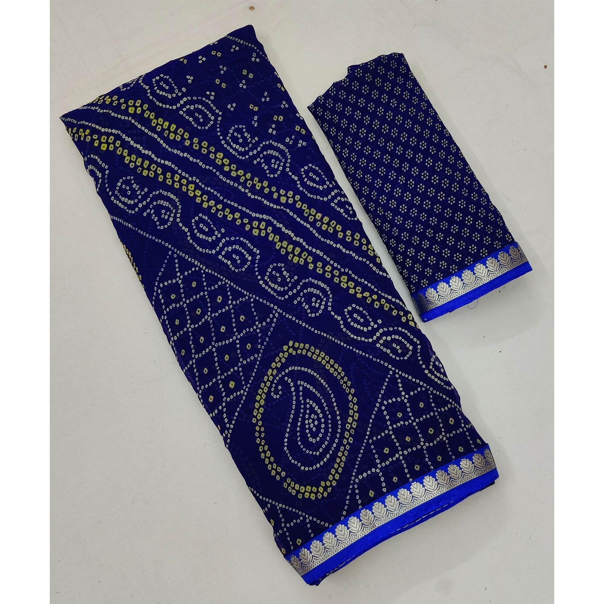 Navy Blue Bandhani Printed Georgette Saree - Peachmode