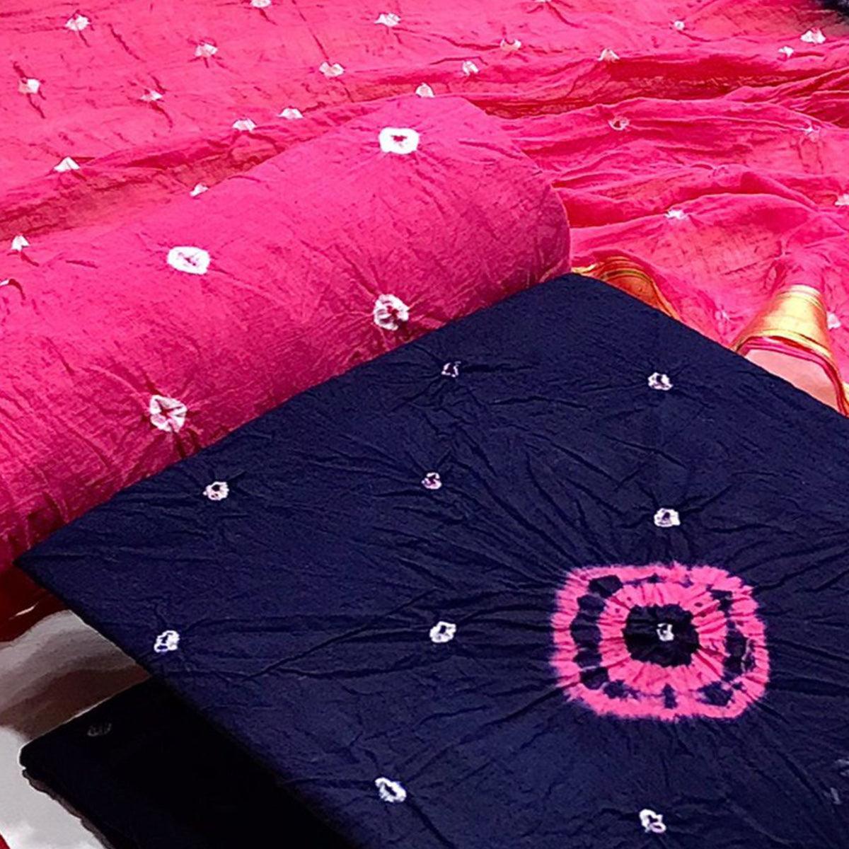 Navy Blue Bandhani Printed Pure Cotton Dress Material - Peachmode