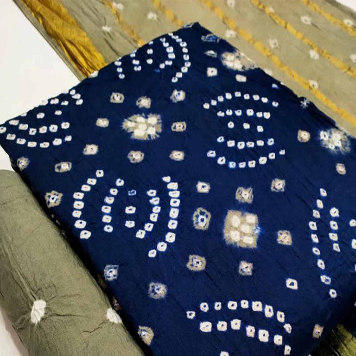 Navy Blue Bandhani Printed Pure Cotton Dress Material - Peachmode