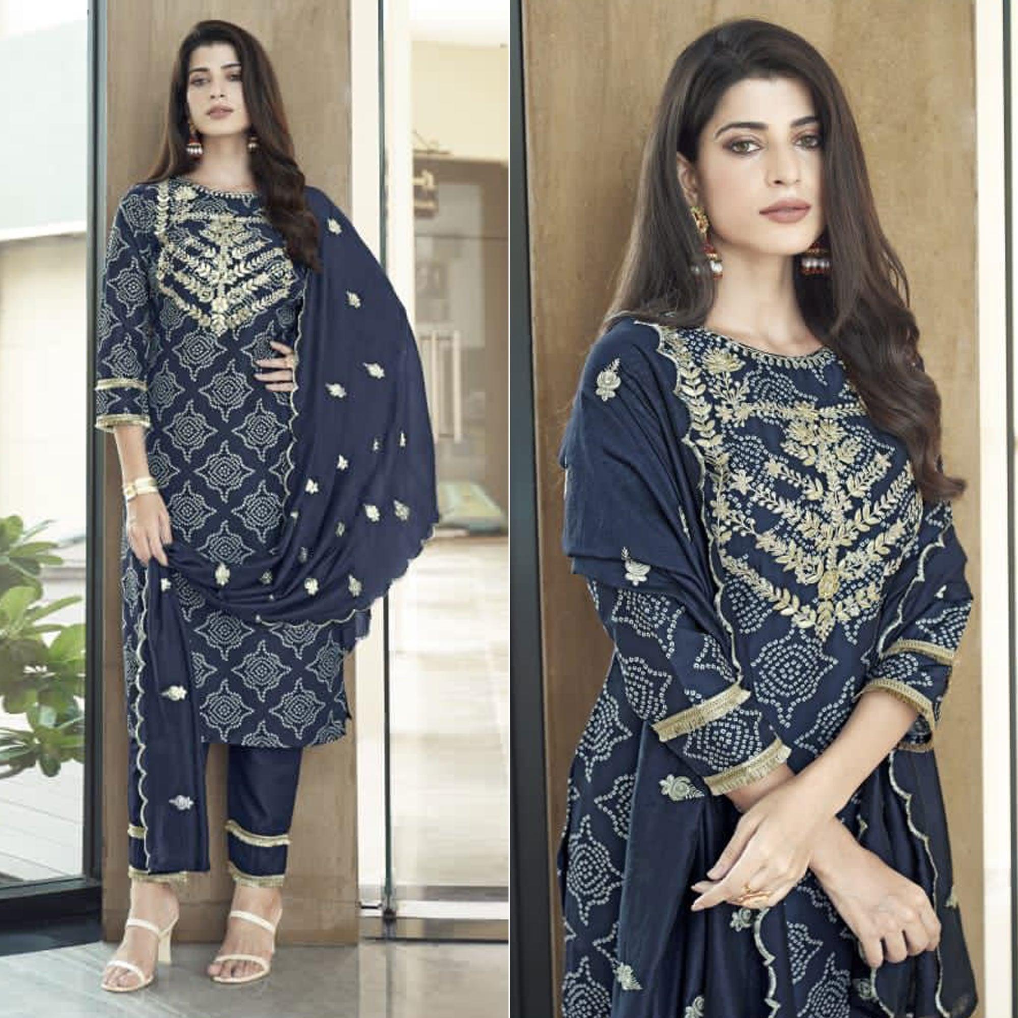Navy Blue Bandhani Printed With Gota Patti Muslin Salwar Suit - Peachmode