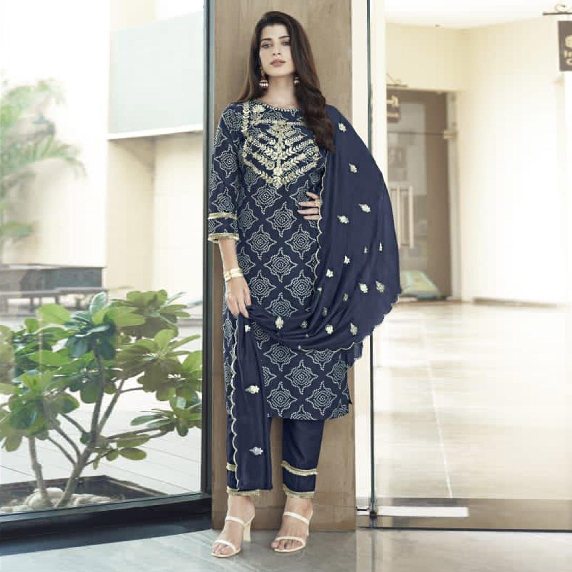Navy Blue Bandhani Printed With Gota Patti Muslin Salwar Suit - Peachmode