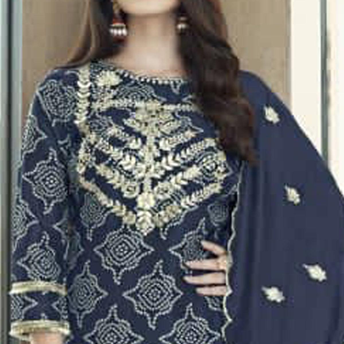 Navy Blue Bandhani Printed With Gota Patti Muslin Salwar Suit - Peachmode