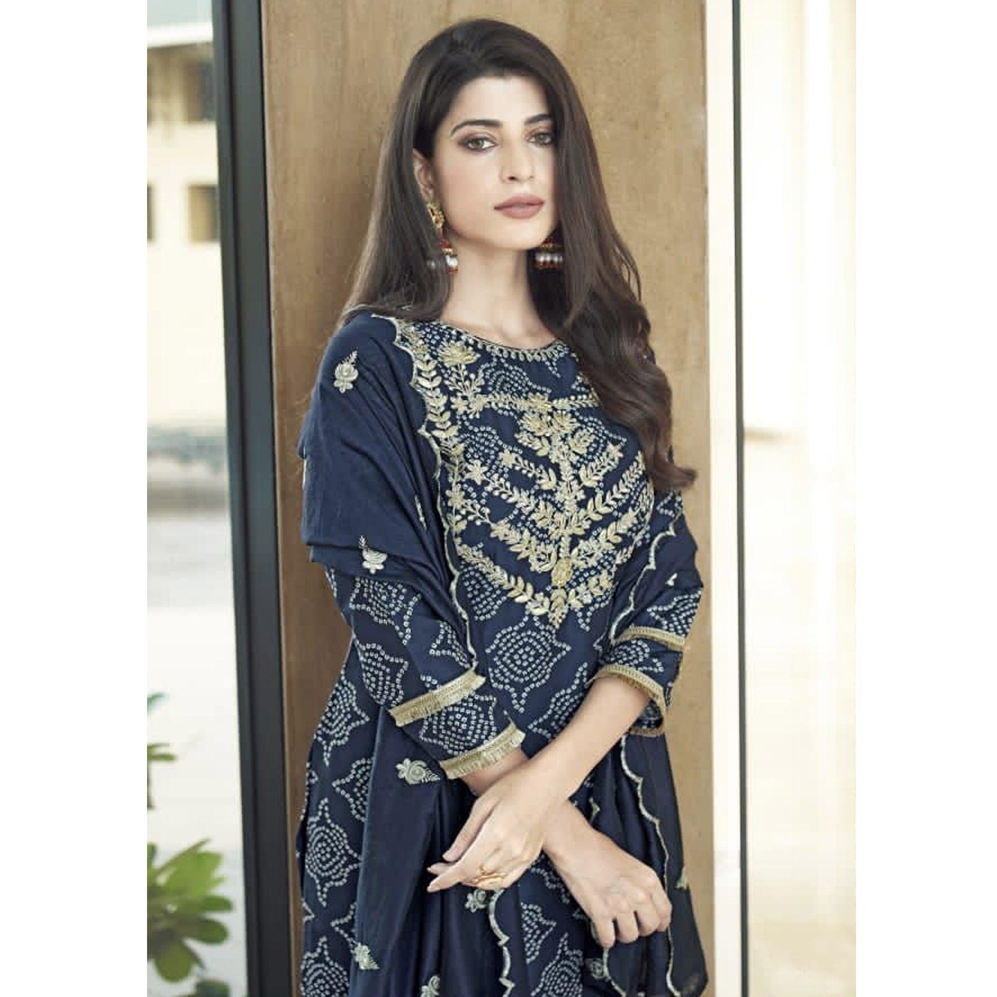 Navy Blue Bandhani Printed With Gota Patti Muslin Salwar Suit - Peachmode