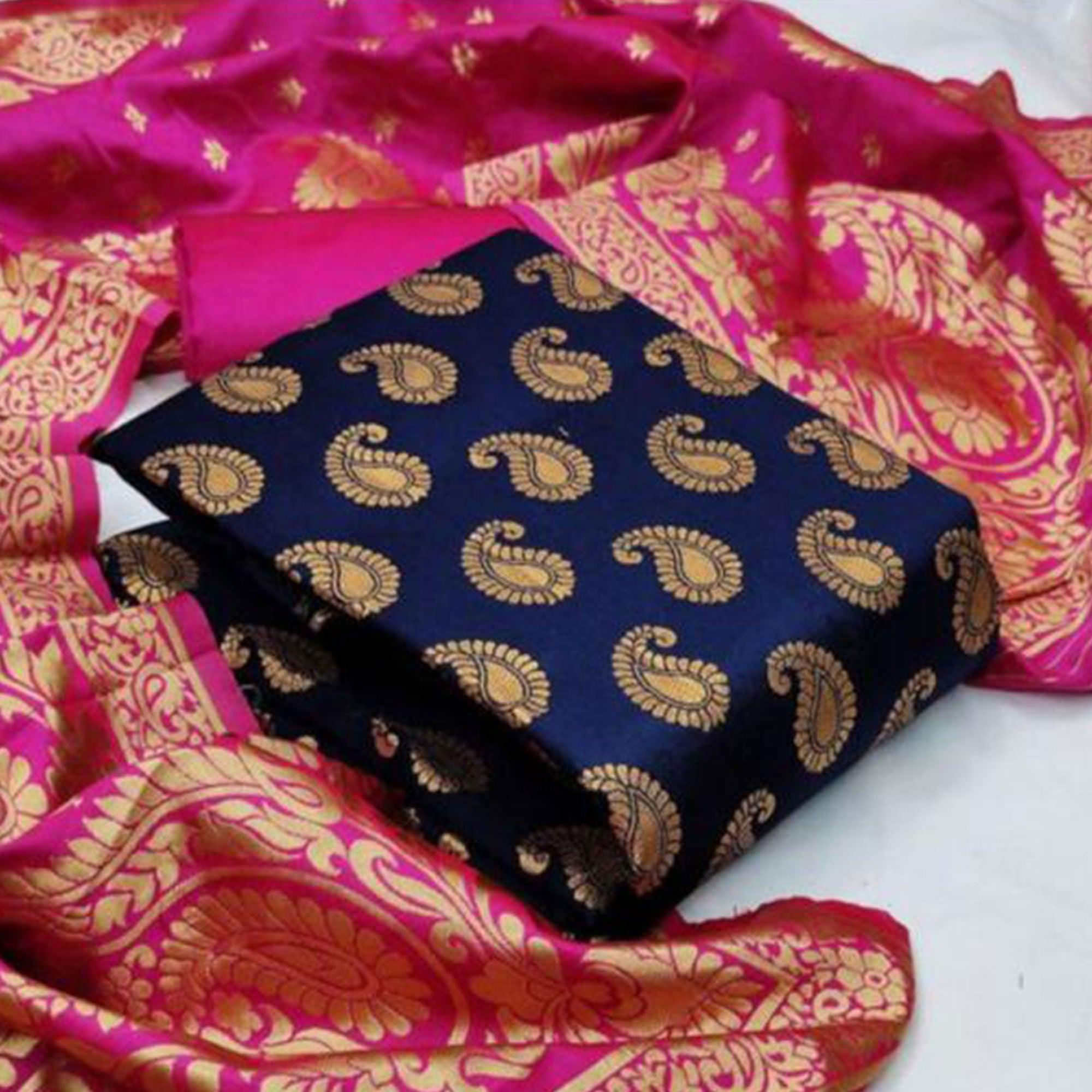 Navy Blue Casaul Wear Woven Banarasi Silk Dress Material - Peachmode