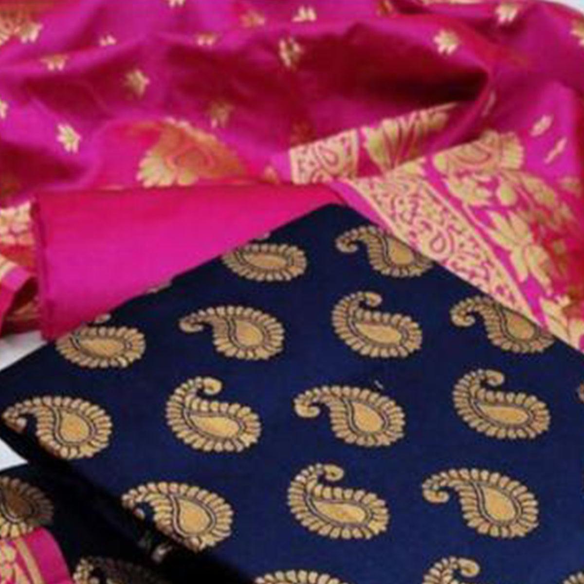 Navy Blue Casaul Wear Woven Banarasi Silk Dress Material - Peachmode